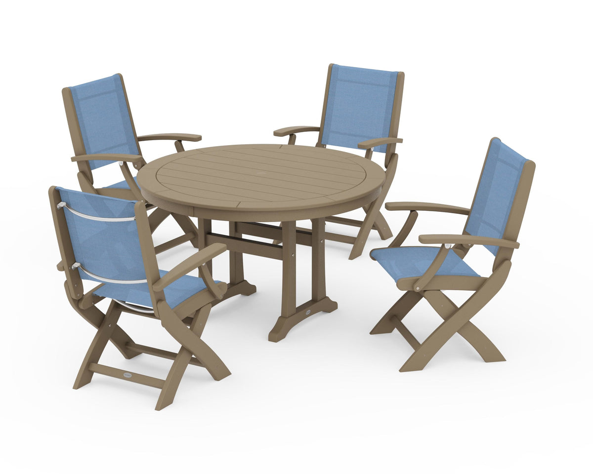 POLYWOOD Coastal Folding Chair 5-Piece Round Dining Set with Trestle Legs in Vintage Sahara / Poolside