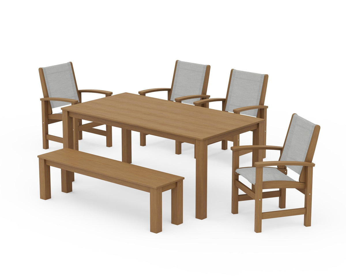 POLYWOOD Coastal 6-Piece Parsons Dining Set with Bench in Natural / Metallic