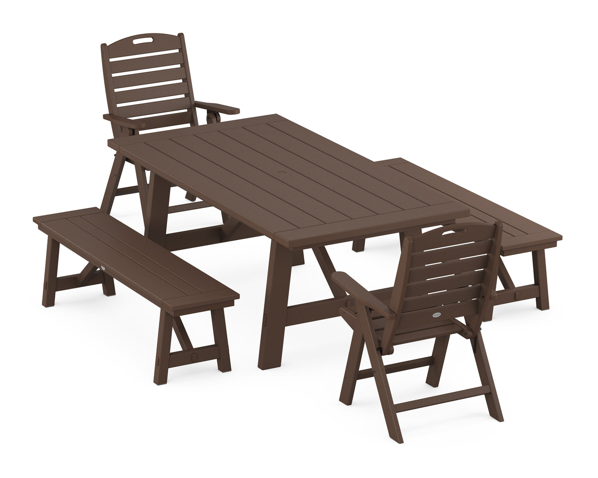 POLYWOOD Nautical Folding Highback Chair 5-Piece Rustic Farmhouse Dining Set with Benches in Mahogany