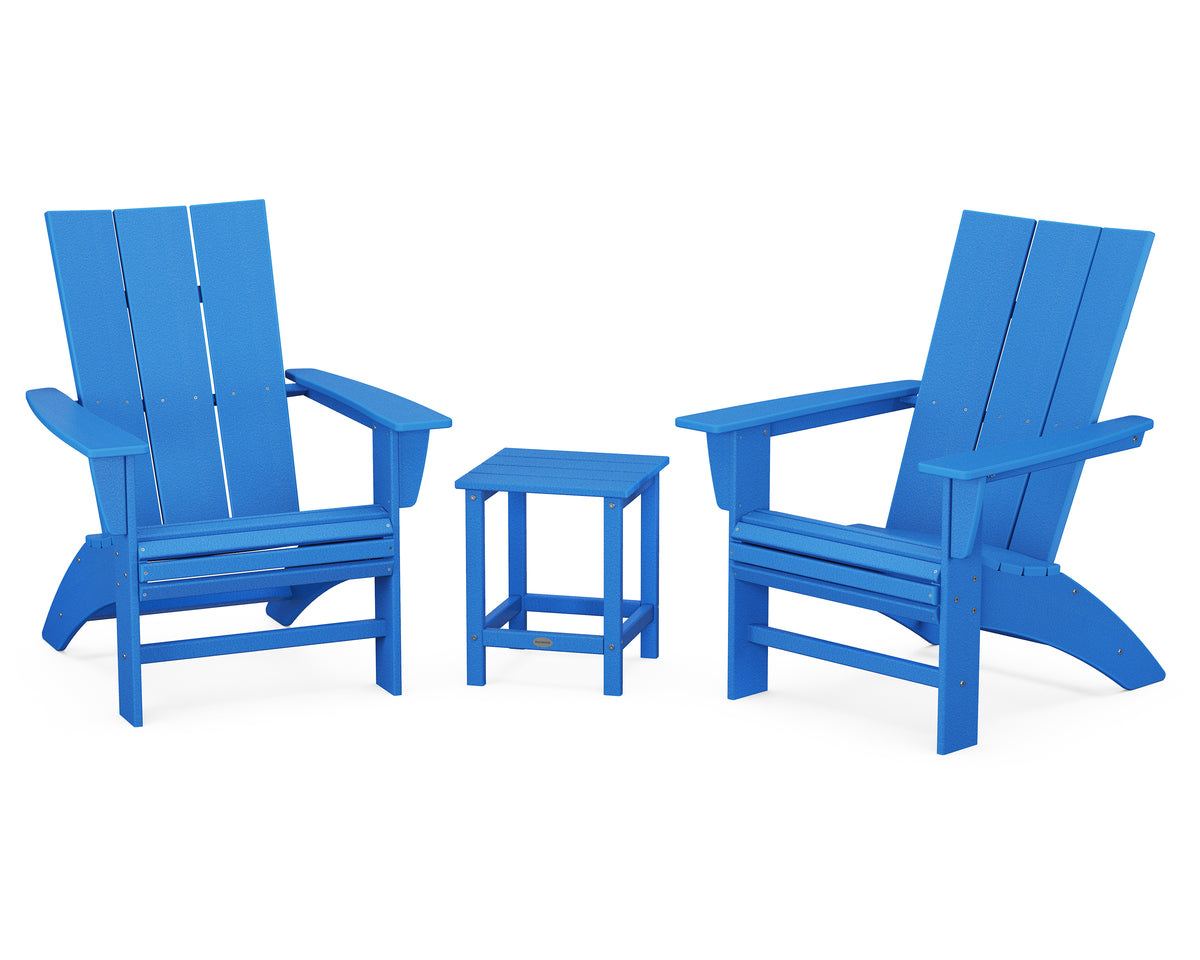 POLYWOOD Modern 3-Piece Curveback Adirondack Set With Long Island 18" Side Table in Pacific Blue