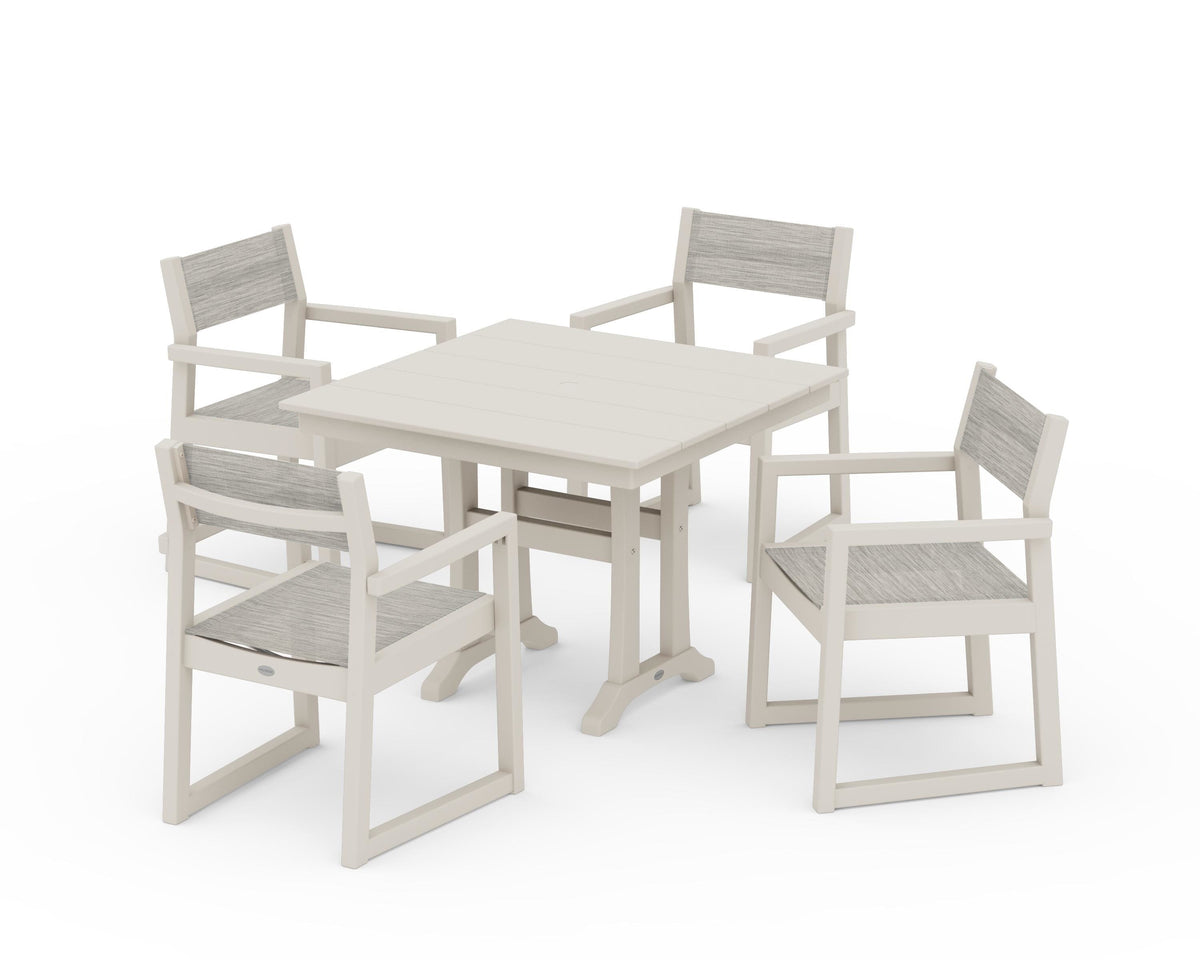 POLYWOOD EDGE Sling 5-Piece Farmhouse Dining Set with Trestle Legs in Sand / Birch