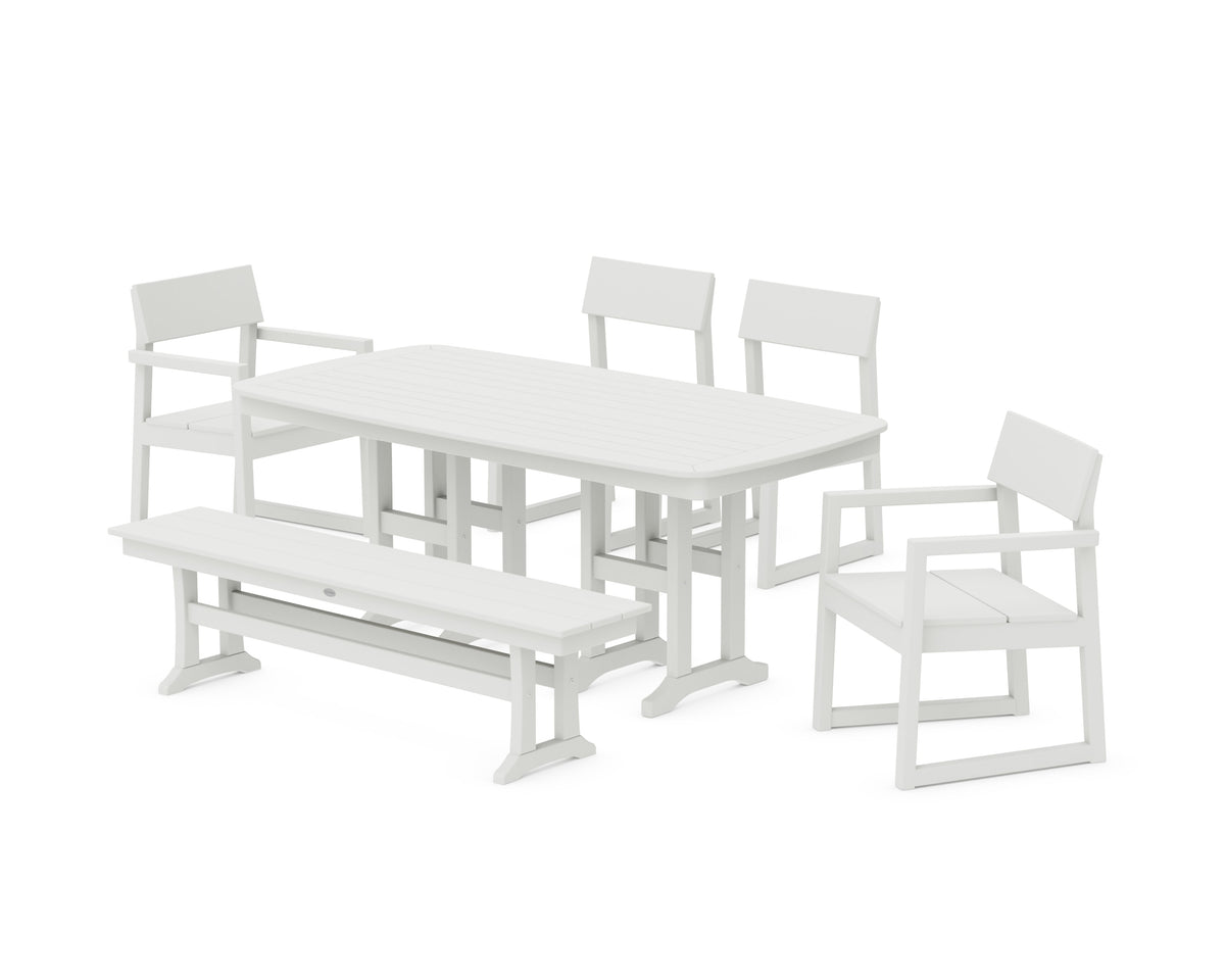 POLYWOOD EDGE 6-Piece Dining Set with Bench (Nautical 37" x 72" Table) in Vintage White