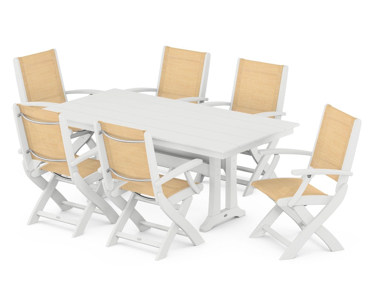 POLYWOOD Coastal Folding Arm Chair 7-Piece Farmhouse Dining Set with Trestle Legs in White / Dupioni Apricot