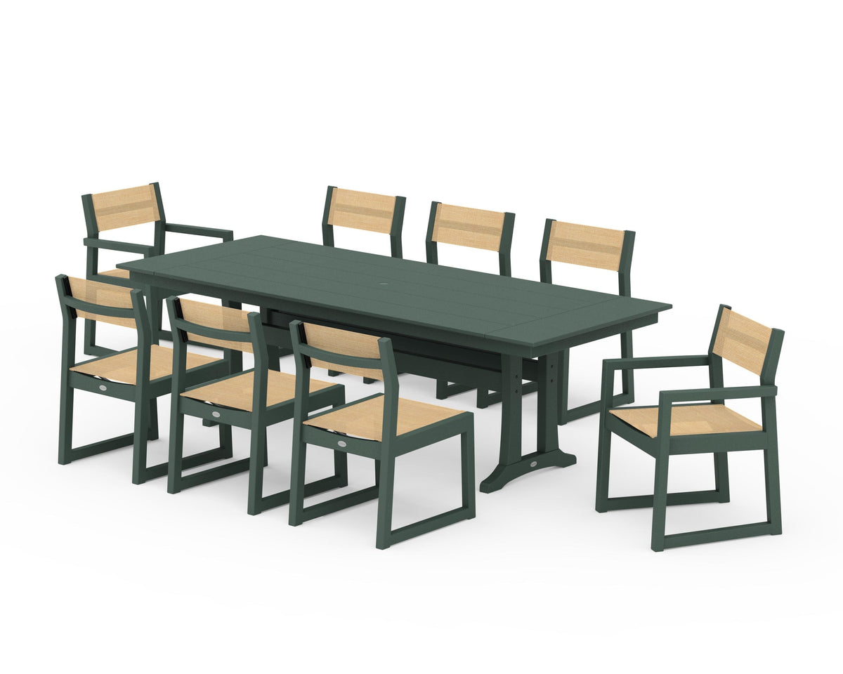 POLYWOOD EDGE Sling 9-Piece Farmhouse Trestle Dining Set in Green / Dupioni Apricot