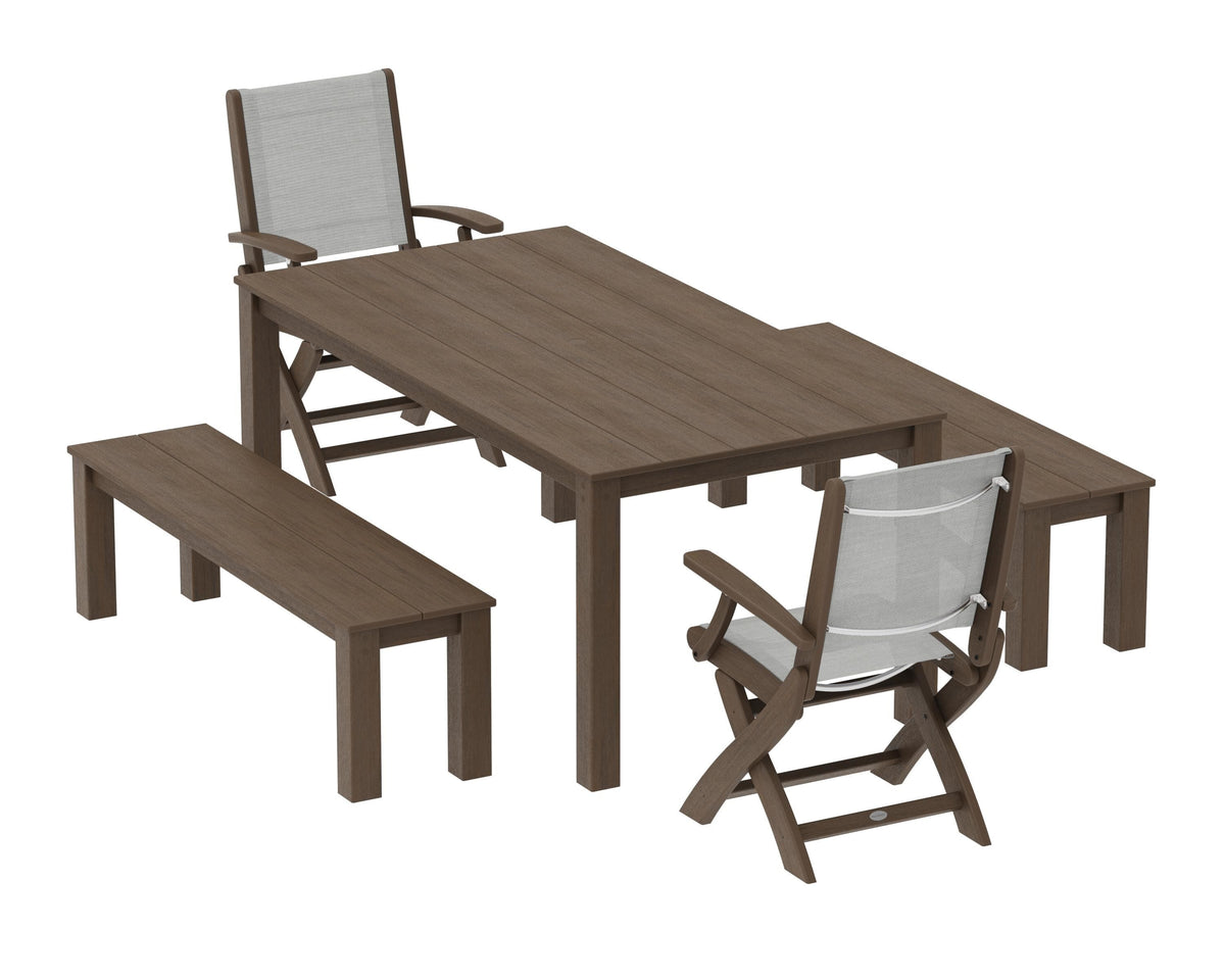 POLYWOOD Coastal Folding Chair 5-Piece Parsons Dining Set with Benches in Kona / Metallic