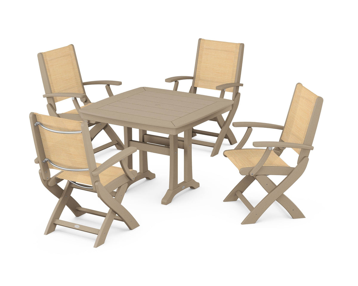 POLYWOOD Coastal Folding Chair 5-Piece Dining Set with Trestle Legs in Vintage Sahara / Dupioni Apricot