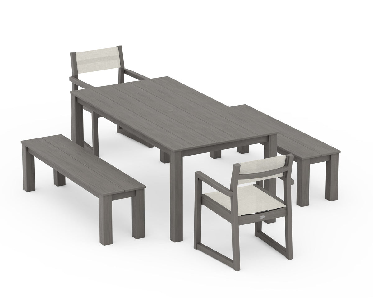 POLYWOOD EDGE Sling Arm Chair 5-Piece Parsons Dining Set with Benches in Driftwood / Parchment