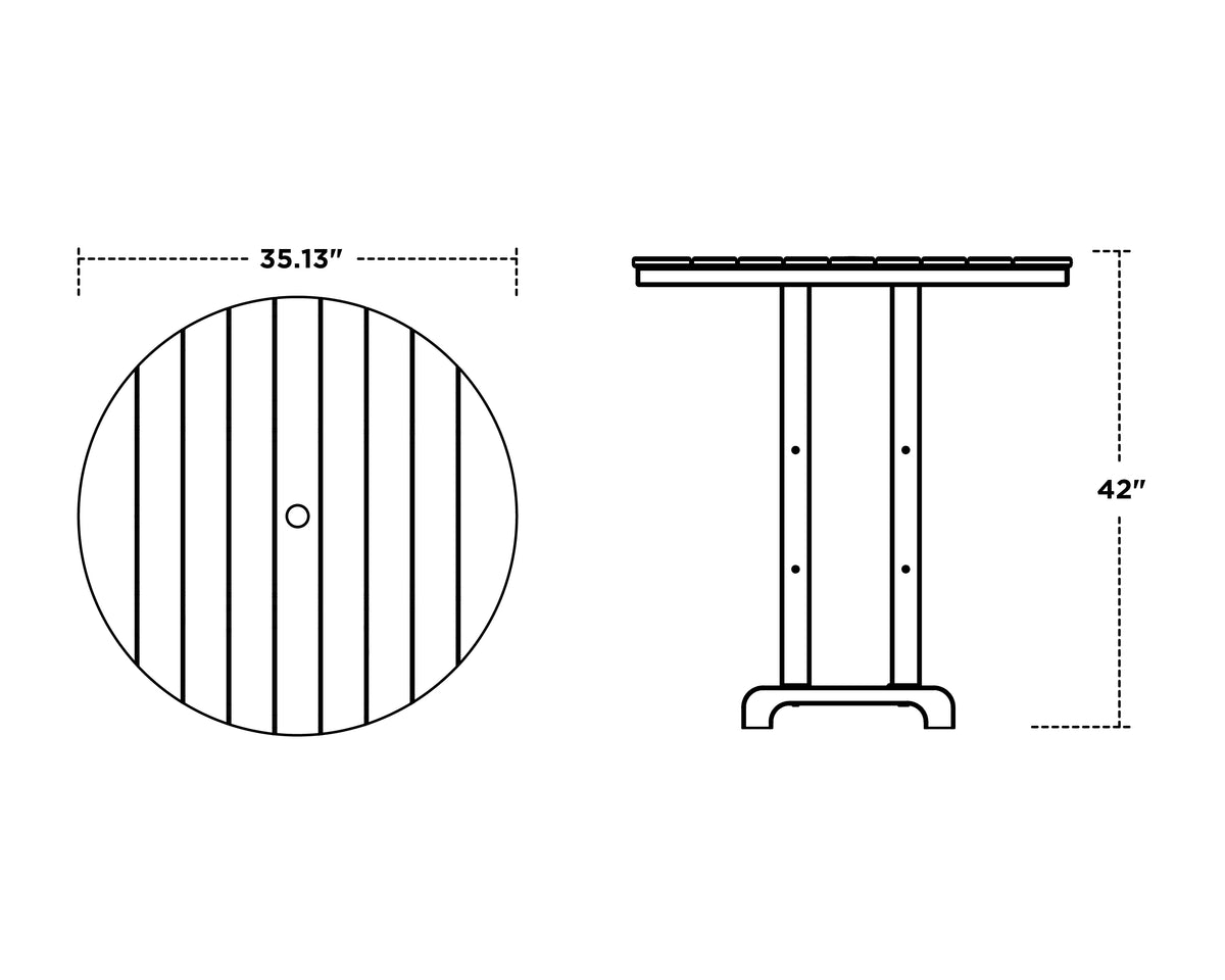 POLYWOOD 36" Round Farmhouse Bar Table dimension drawing with width, depth and height measurements