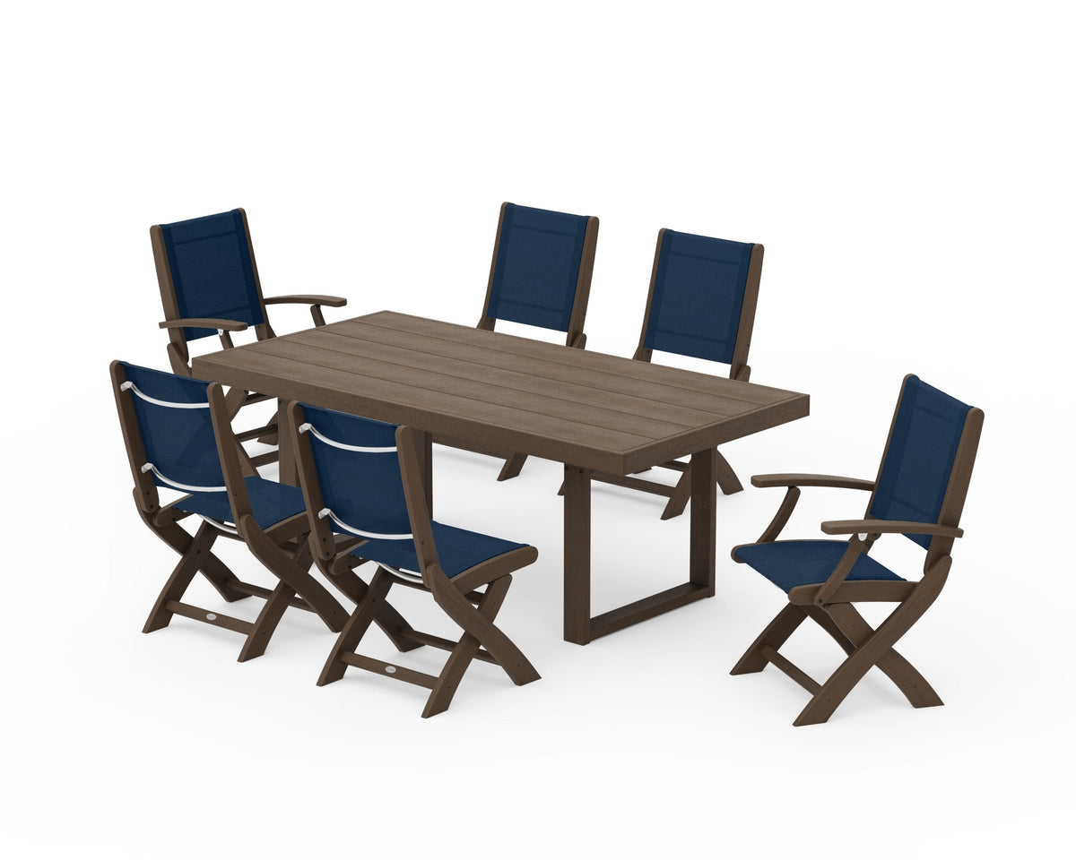 POLYWOOD Coastal Folding Chair 7-Piece Dining Set with Trestle Legs with EDGE 40" x 78" Dining Table in Kona / Navy Blue
