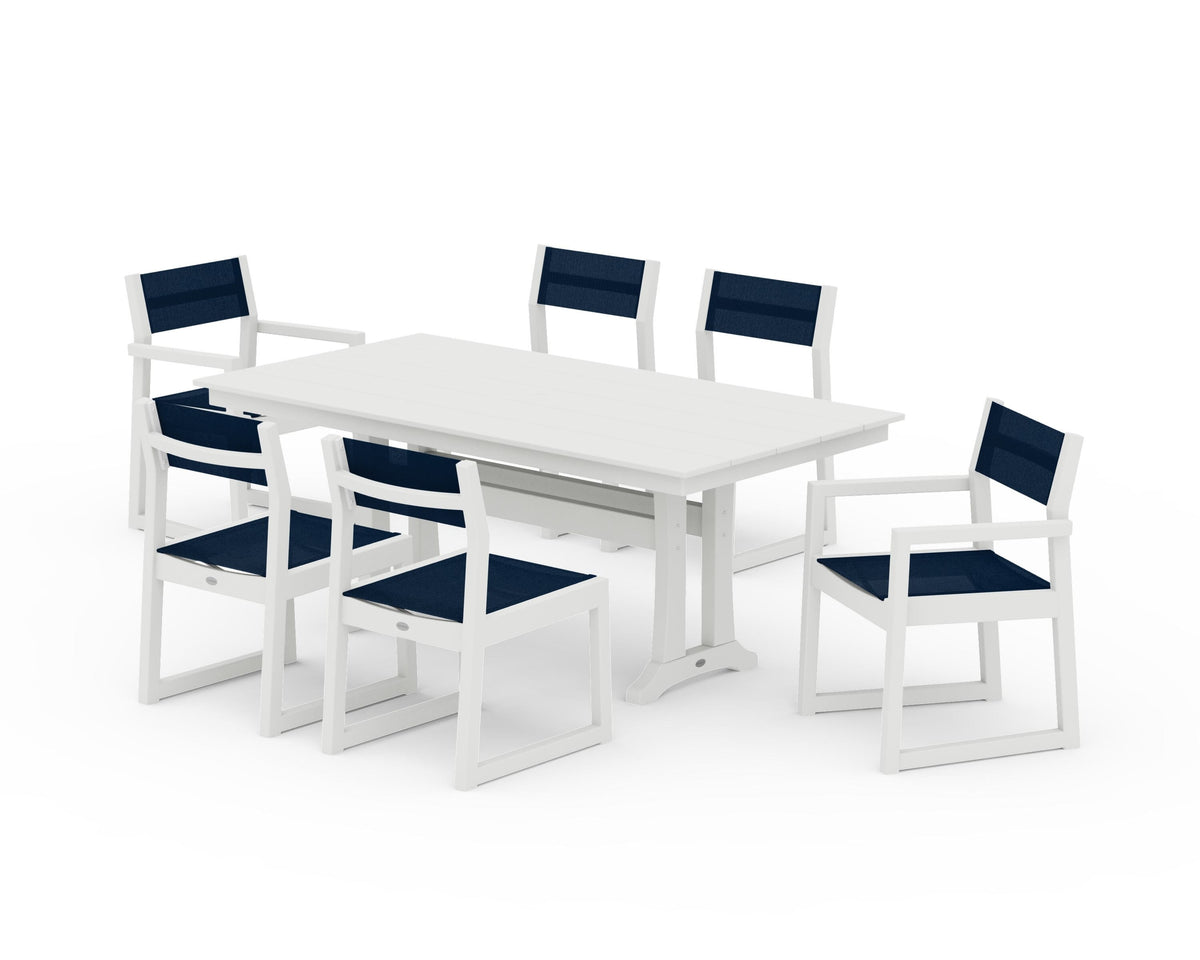 POLYWOOD EDGE Sling 7-Piece Farmhouse Trestle Dining Set in Vintage White / Navy Blue