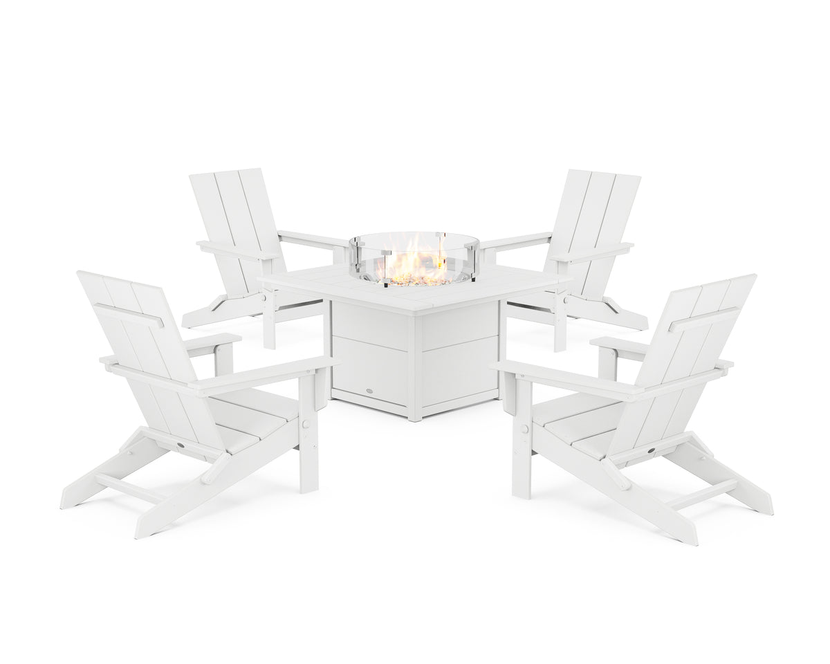 POLYWOOD 5-Piece Modern Studio Folding Adirondack Conversation Set with Fire Pit Table in White