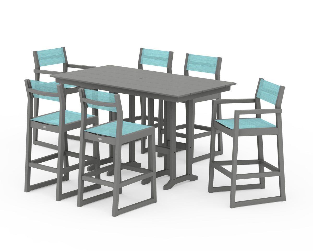 POLYWOOD EDGE Sling 7-Piece Farmhouse Bar Set in Slate Grey / Dupioni Aquamarine