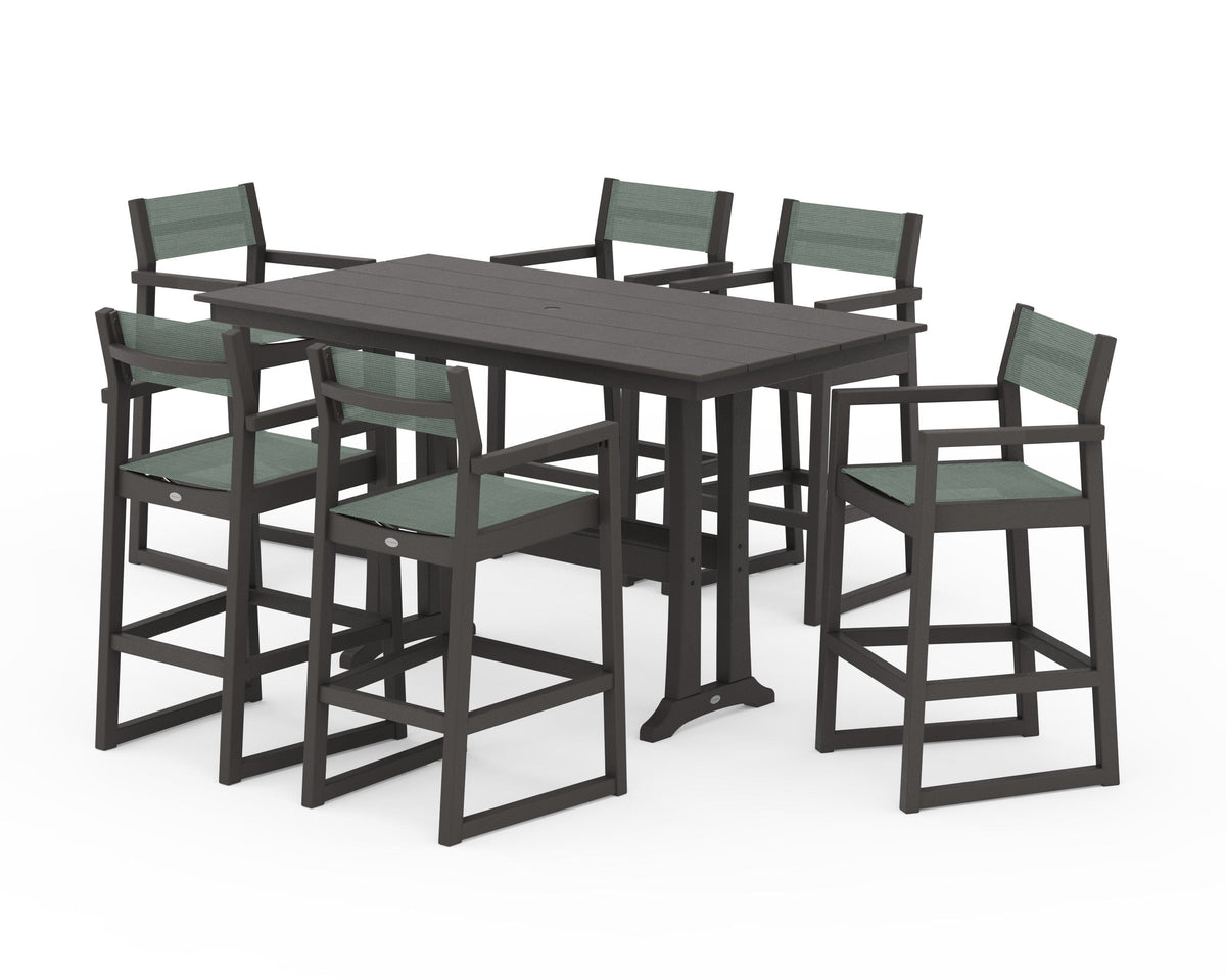 POLYWOOD EDGE Sling Arm Chair 7-Piece Farmhouse Bar Set with Trestle Legs in Vintage Coffee / Dupioni Sea Mist
