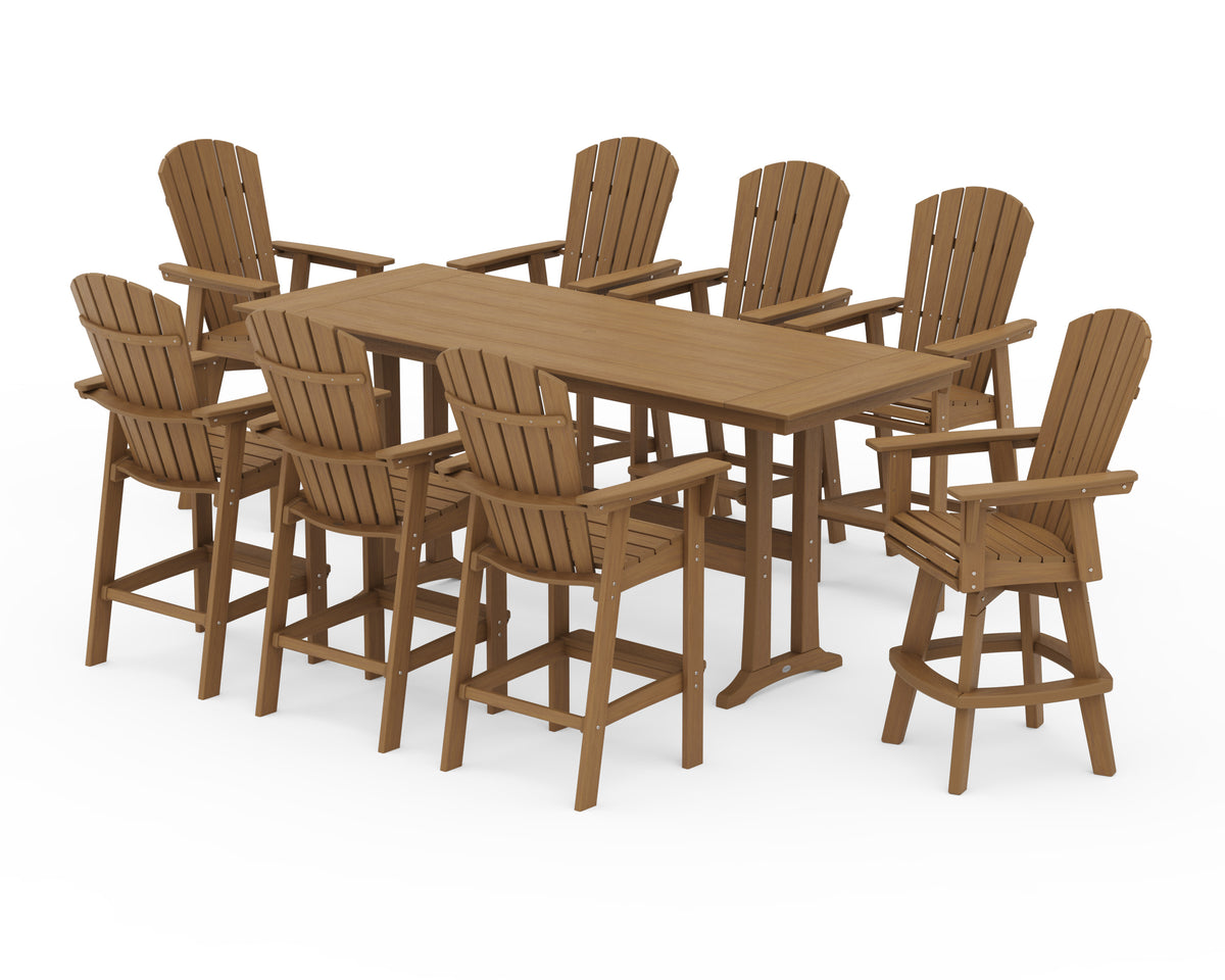 POLYWOOD Nautical Curveback Adirondack Swivel Chair 9-Piece Farmhouse Bar Set with Trestle Legs in Natural