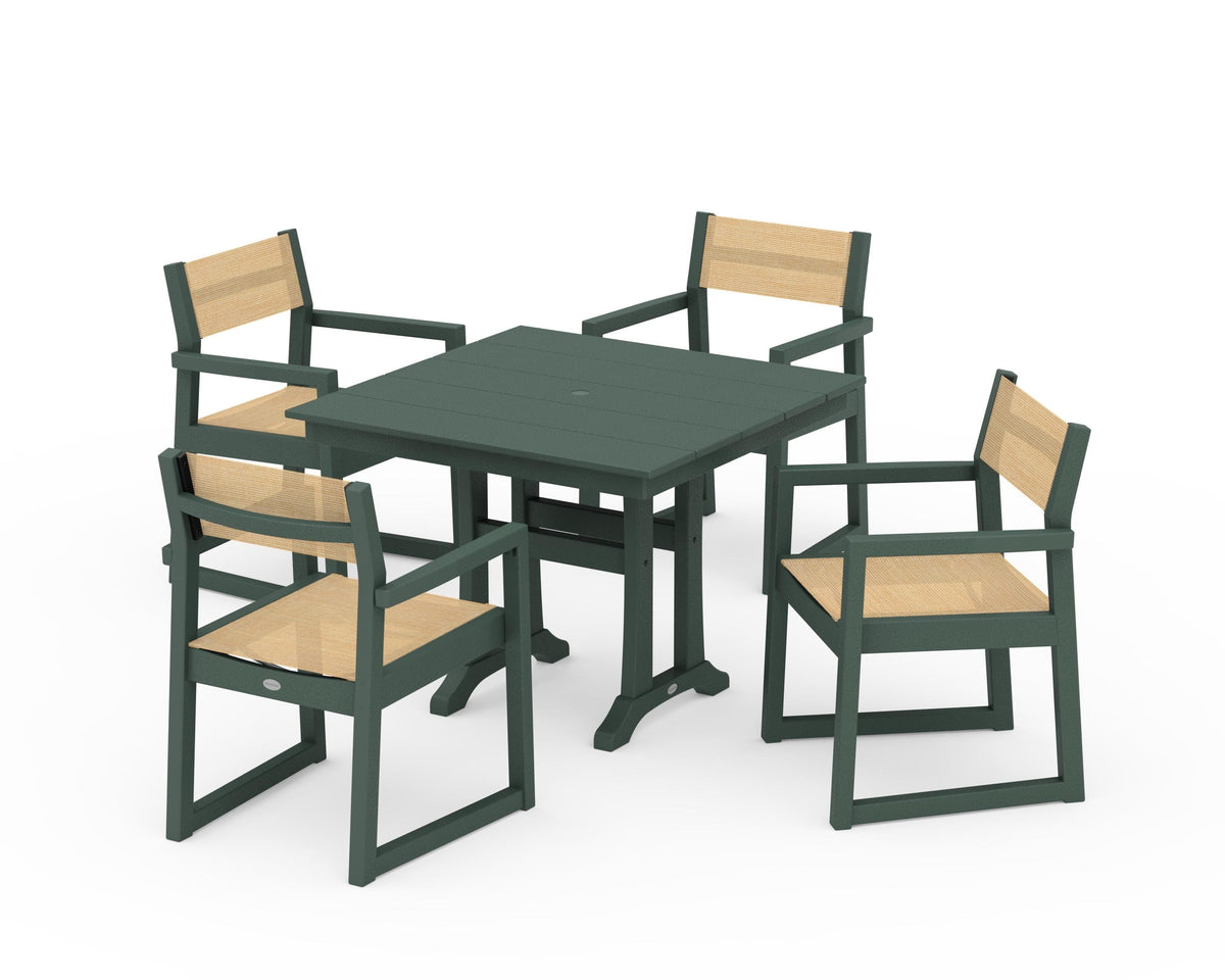 POLYWOOD EDGE Sling 5-Piece Farmhouse Dining Set with Trestle Legs in Green / Dupioni Apricot