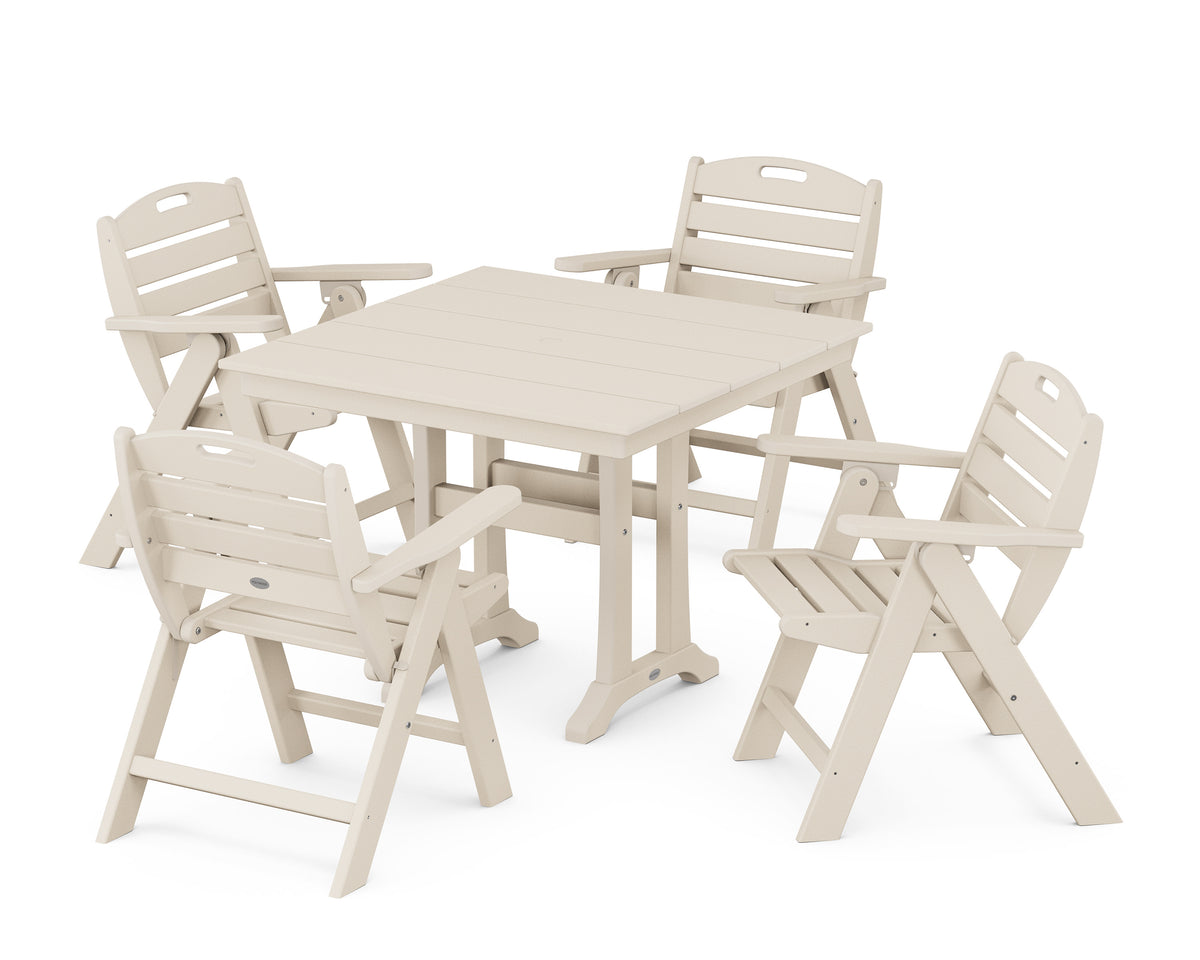 POLYWOOD Nautical Folding Lowback Chair 5-Piece Farmhouse Dining Set with Trestle Legs - 37" Table in Sand