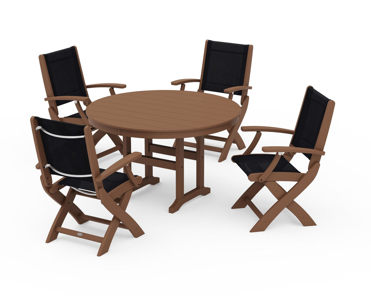POLYWOOD Coastal Folding Chair 5-Piece Round Dining Set in Teak / Black
