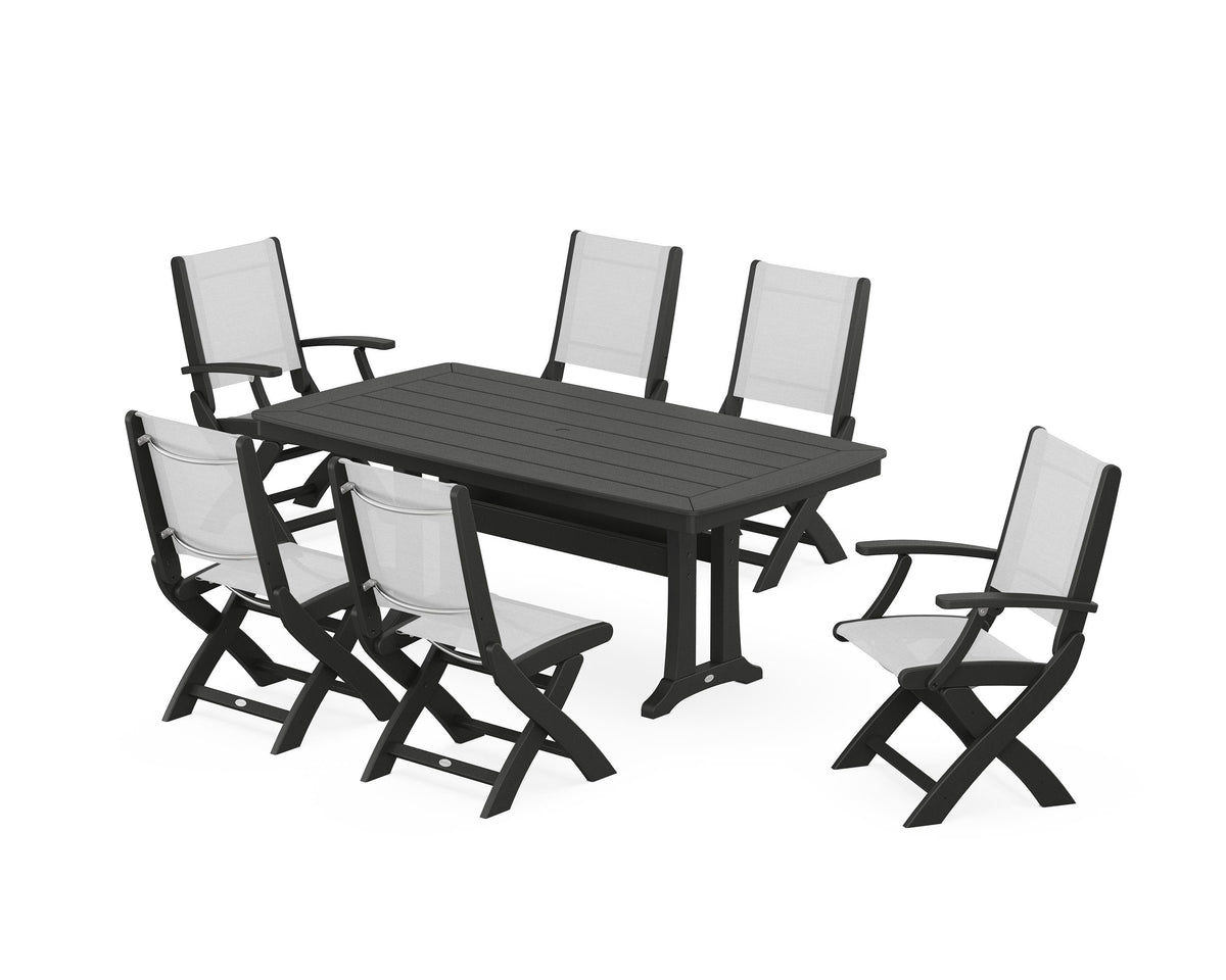 POLYWOOD Coastal Folding Chair 7-Piece Dining Set with Trestle Legs with Nautical Trestle 38" x 73" Dining Table in Black / White