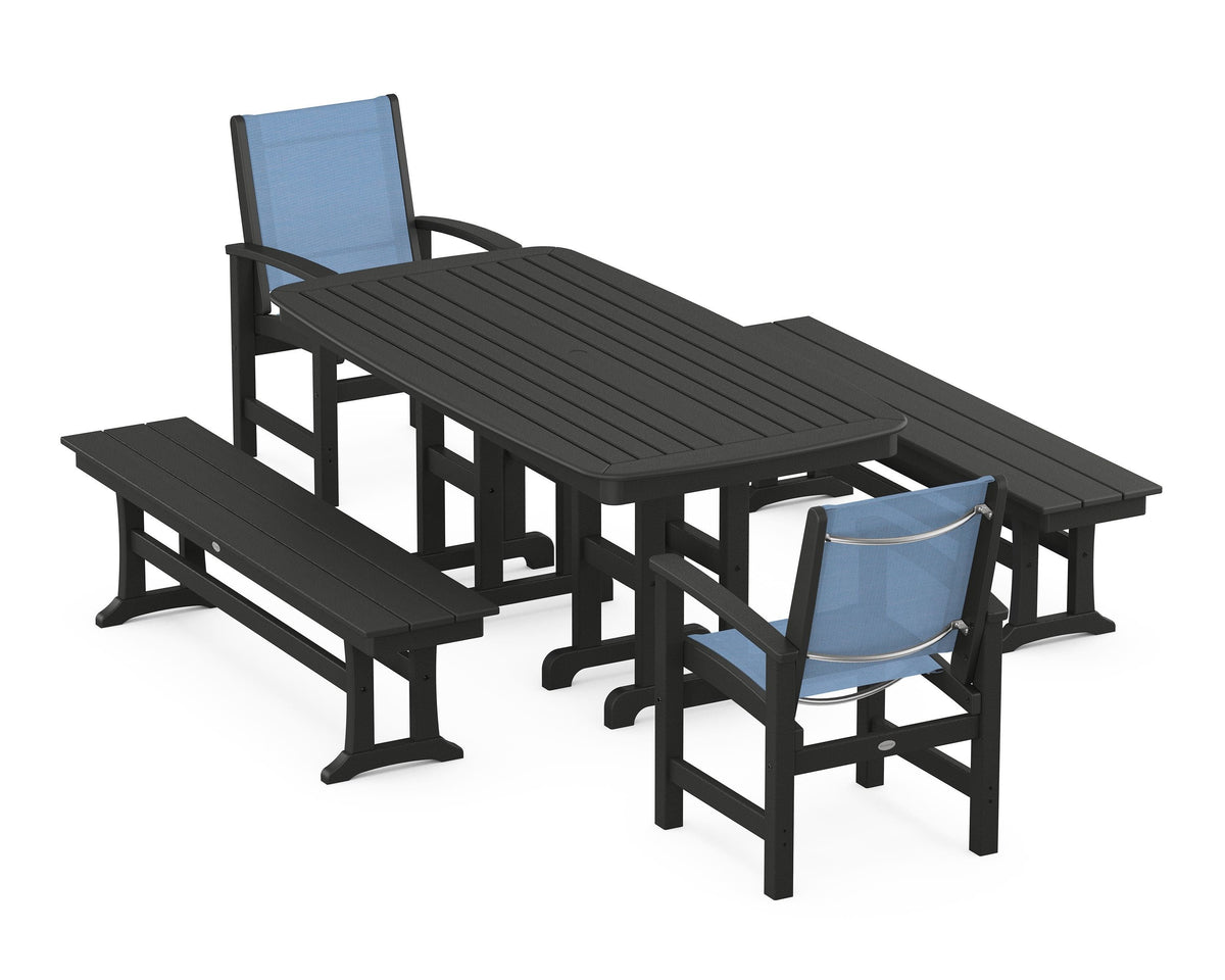 POLYWOOD Coastal 5-Piece Dining Set with Nautical 37" x 72" Dining Table in Black / Poolside