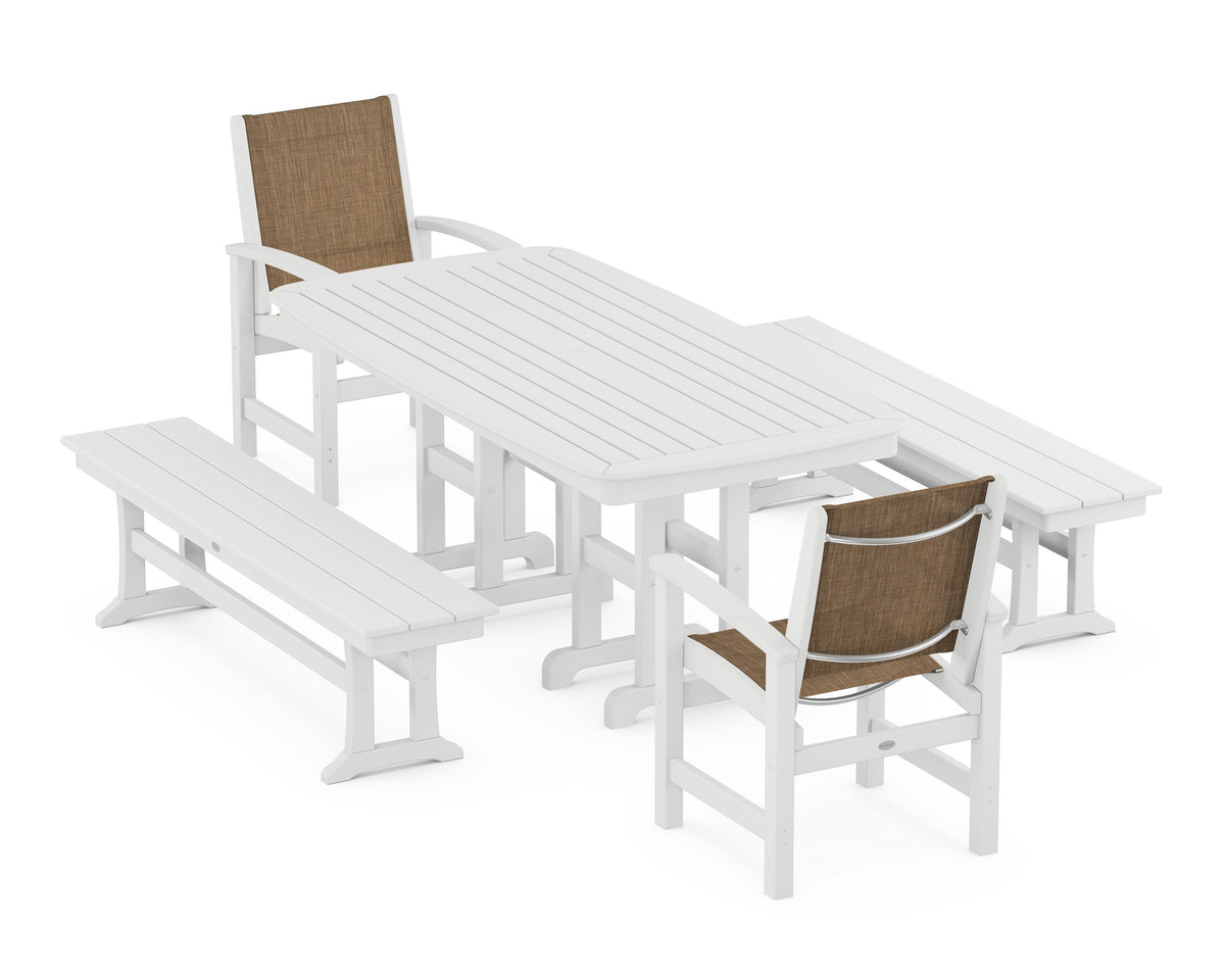 POLYWOOD Coastal 5-Piece Dining Set with Nautical 37" x 72" Dining Table in White / Burlap