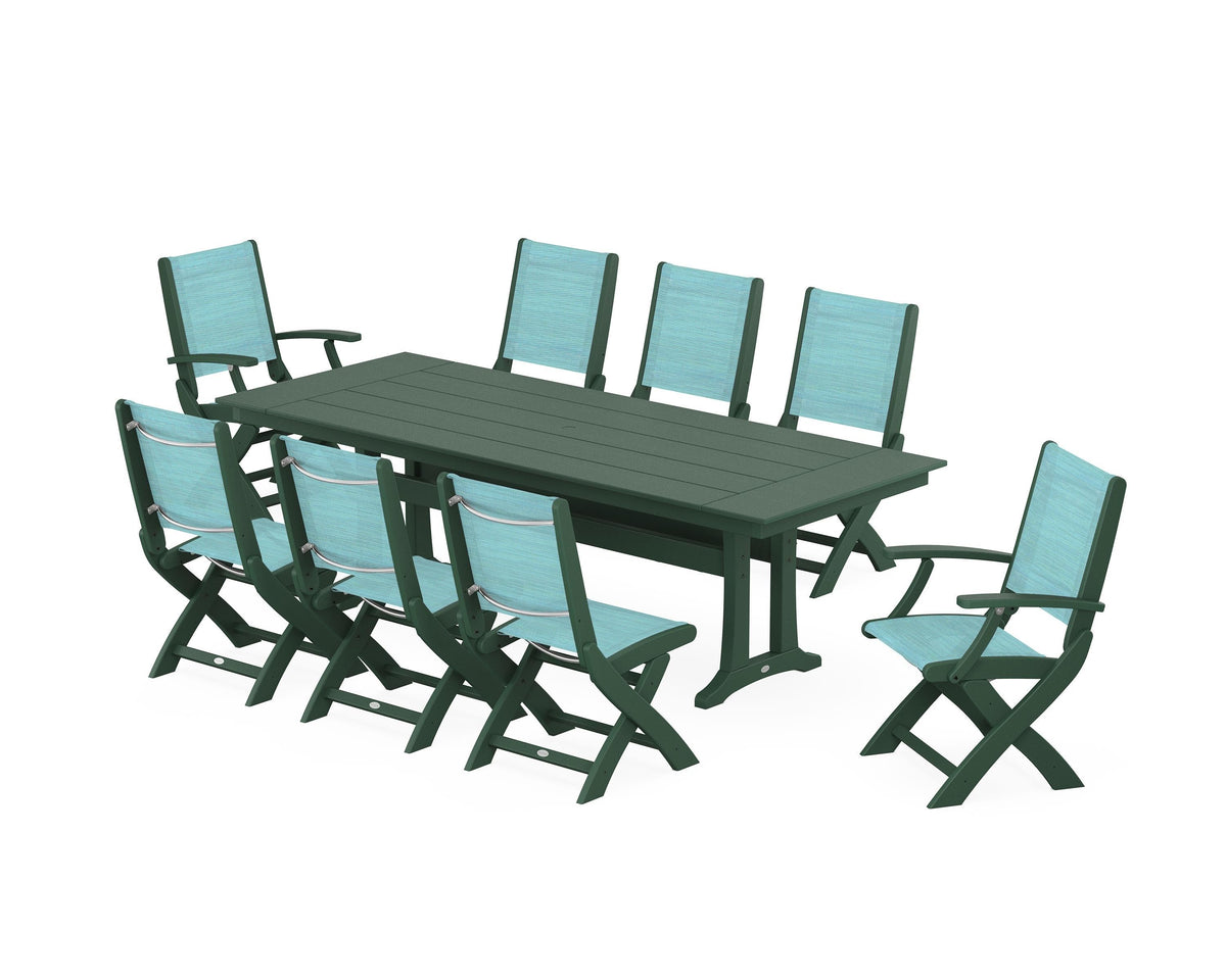POLYWOOD Coastal 9-Piece Folding Dining Chair Farmhouse Dining Set with Trestle Legs in Green / Dupioni Aquamarine