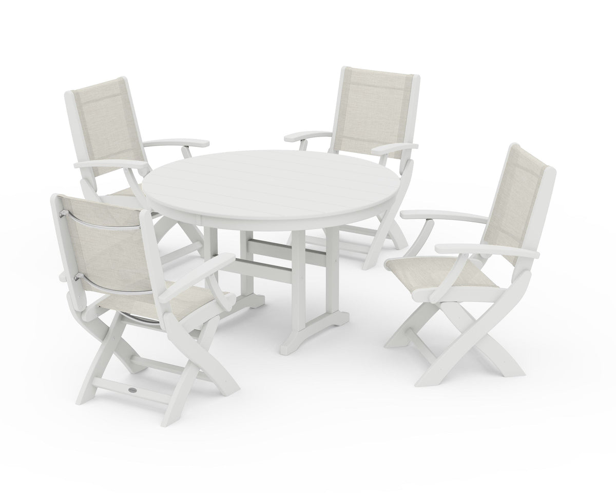 POLYWOOD Coastal Folding Chair 5-Piece Round Dining Set in Vintage White / Parchment