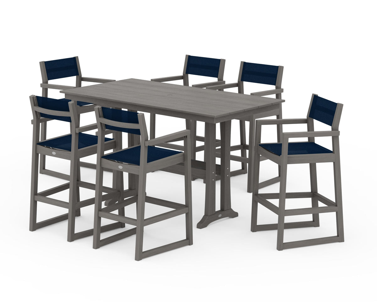 POLYWOOD EDGE Sling Arm Chair 7-Piece Farmhouse Bar Set with Trestle Legs in Driftwood / Navy Blue