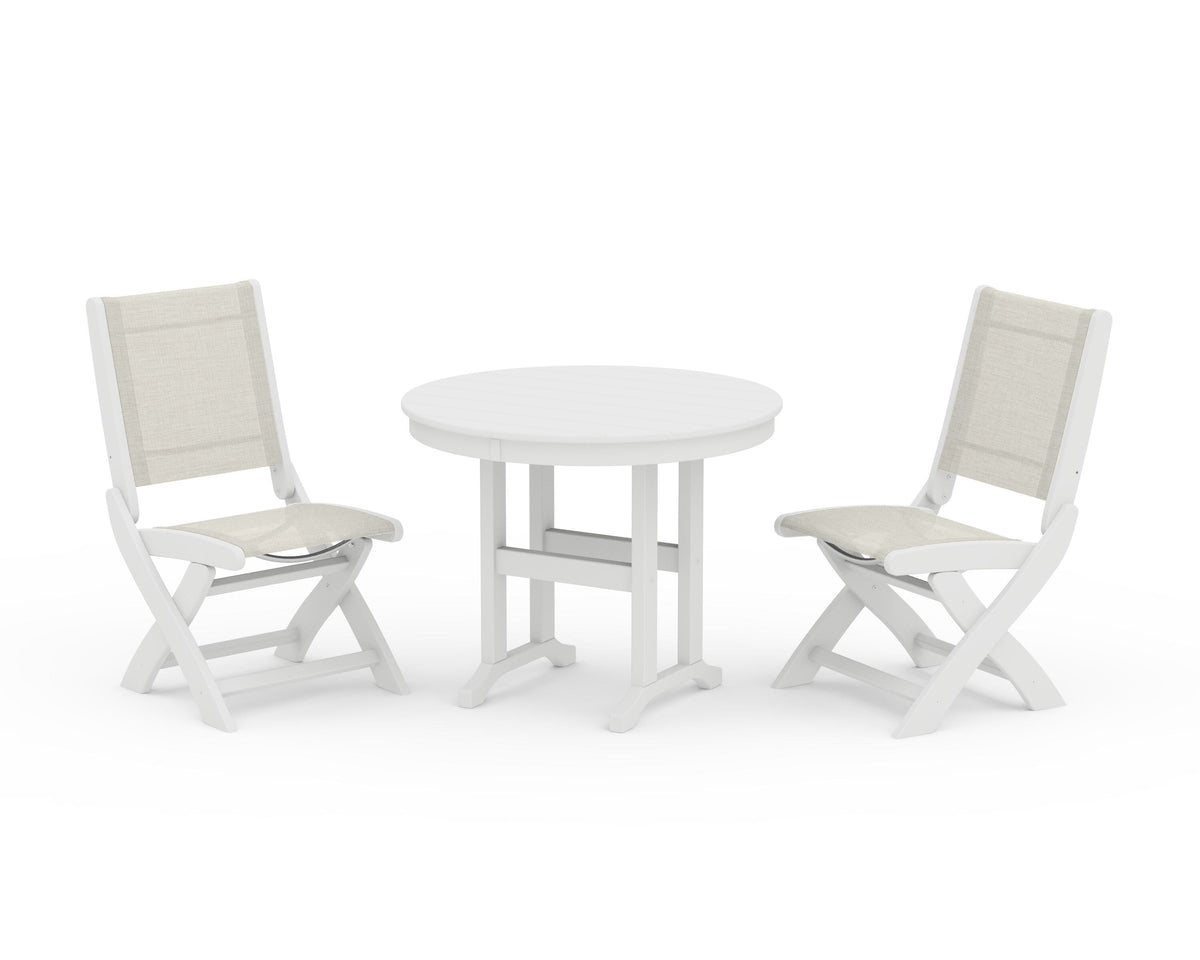 POLYWOOD Coastal Folding Side Chair 3-Piece Round Dining Set in White / Parchment