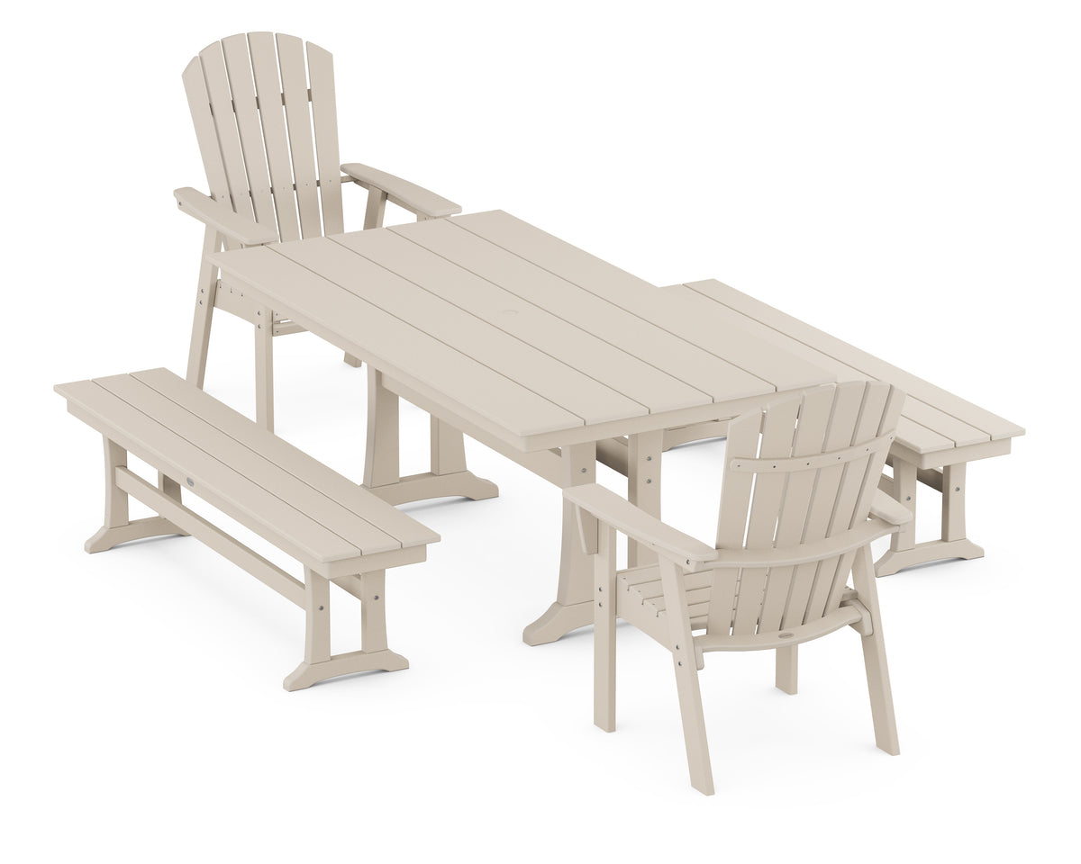 POLYWOOD Nautical Adirondack 5-Piece Farmhouse Dining Set with Trestle Legs - 37" x 72" Table in Sand