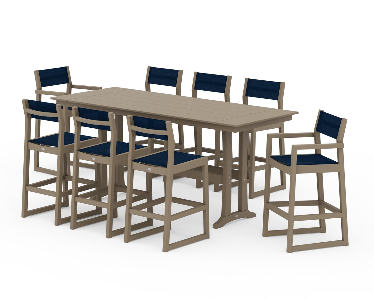 POLYWOOD EDGE Sling 9-Piece Farmhouse Bar Set with Trestle Legs in Vintage Sahara / Navy Blue