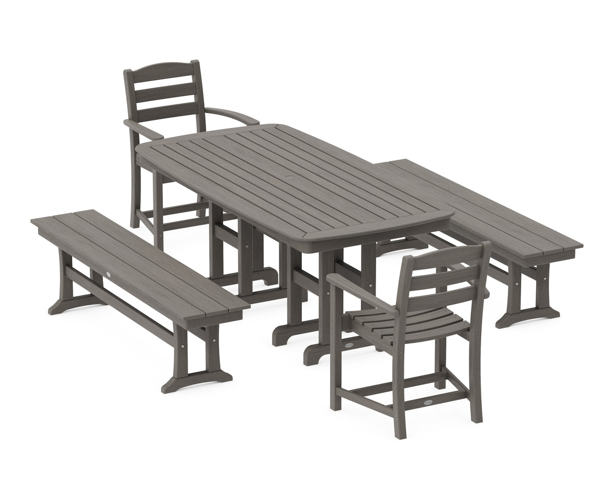 POLYWOOD La Casa Café 5-Piece Dining Set with Benches - 37" x 72" Table in Driftwood