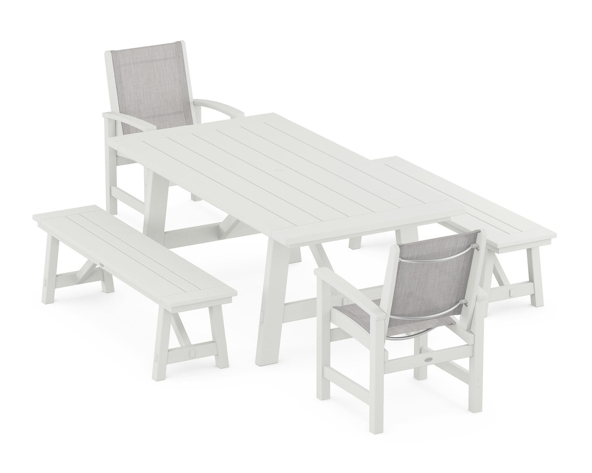 POLYWOOD Coastal 5-Piece Rustic Farmhouse Dining Set With Benches in Vintage White / Parchment