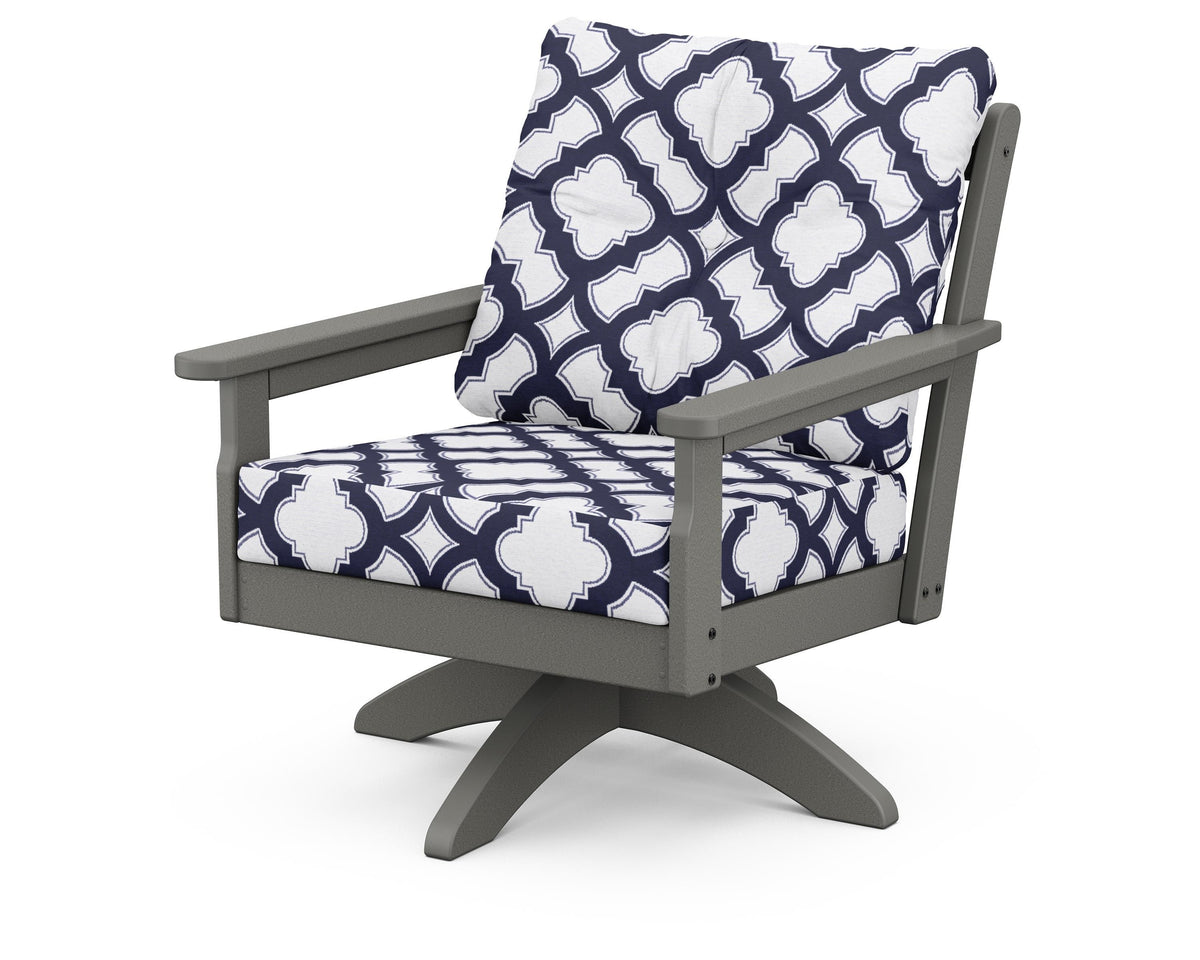 POLYWOOD Vineyard Deep Seating Swivel Chair in Slate Grey / Trellis Navy