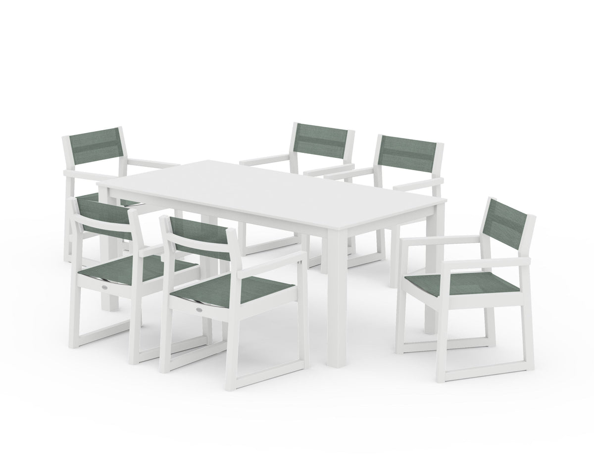 POLYWOOD EDGE Sling Arm Chair 7-Piece Parsons Dining Set in White / Dupioni Sea Mist