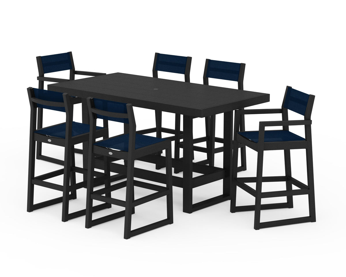 POLYWOOD EDGE Sling 7-Piece Bar Table Set in Black / Navy Blue