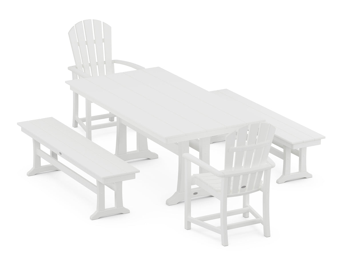POLYWOOD Palm Coast 5-Piece Farmhouse Dining Set with Trestle Legs - 37" x 72" Table in White