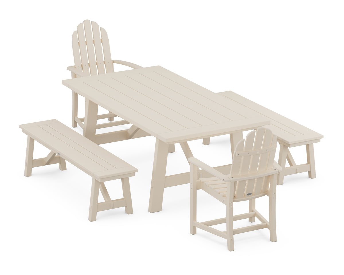 POLYWOOD Classic Adirondack 5-Piece Rustic Farmhouse Dining Set with Benches in Sand