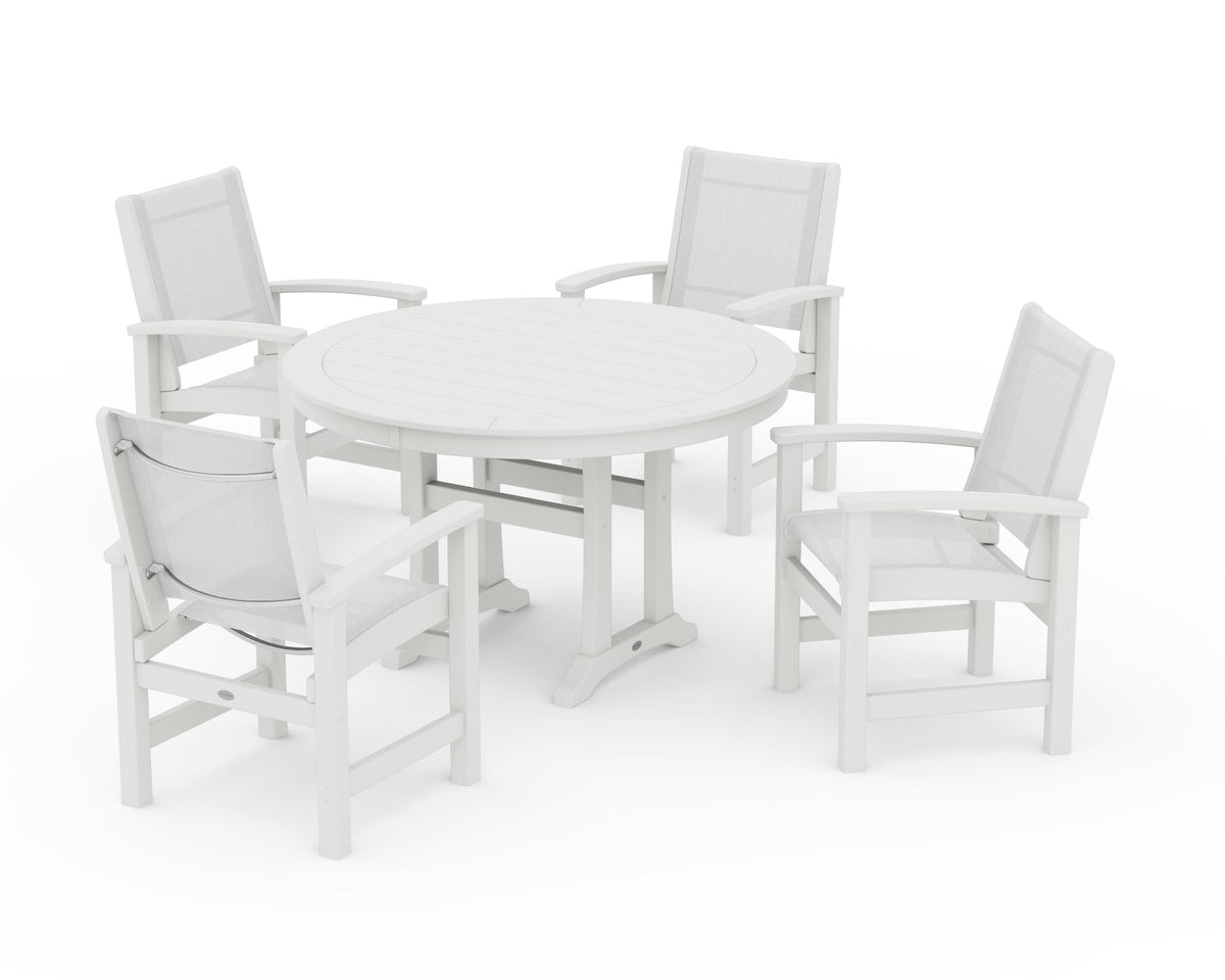 POLYWOOD Coastal 5-Piece Round Dining Set with Trestle Legs in Vintage White / White
