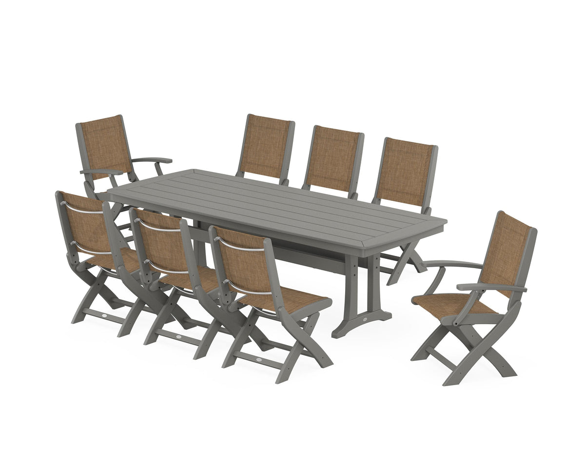 POLYWOOD Coastal Folding 9-Piece Dining Set with Trestle Legs in Slate Grey / Burlap