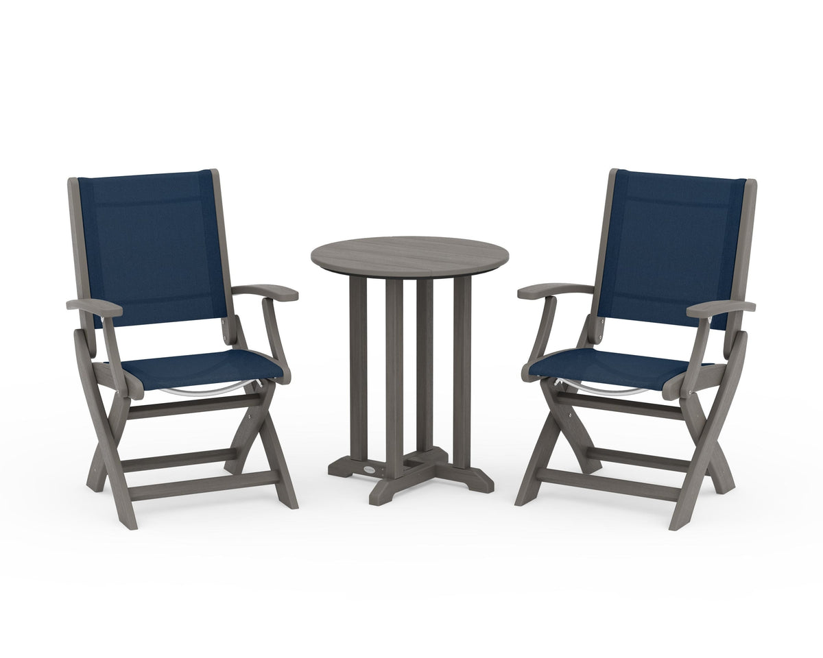 POLYWOOD Coastal Folding 3-Piece Round Bistro Dining Set in Driftwood / Navy Blue