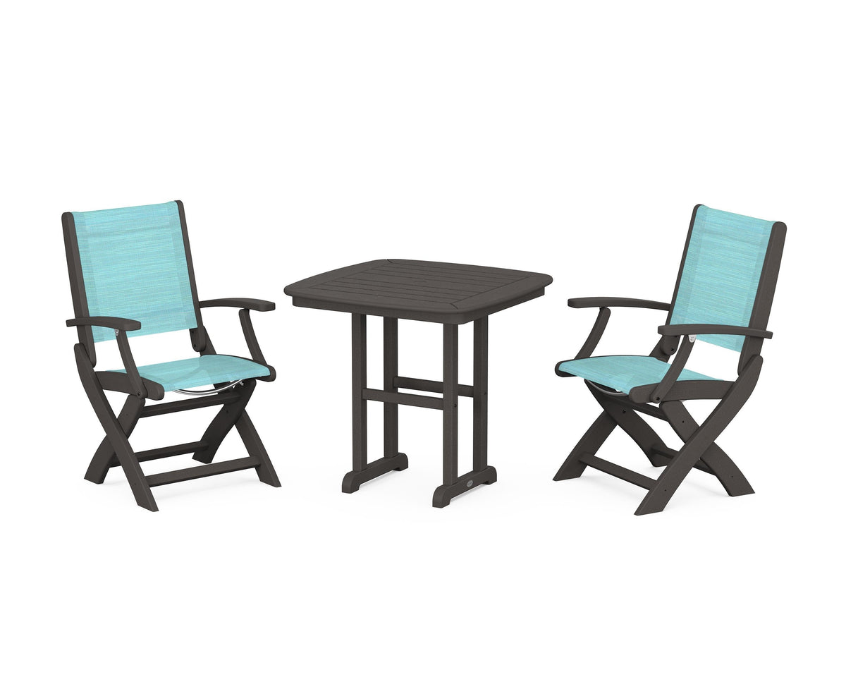 POLYWOOD Coastal Folding Chair 3-Piece Dining Set in Vintage Coffee / Dupioni Aquamarine