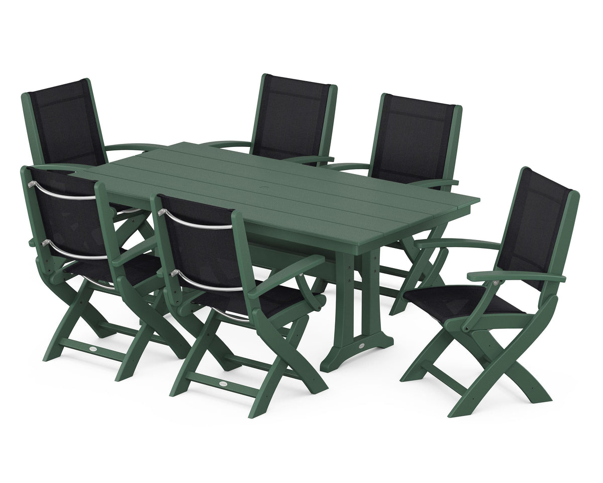 POLYWOOD Coastal Folding Arm Chair 7-Piece Farmhouse Dining Set with Trestle Legs in Green / Black