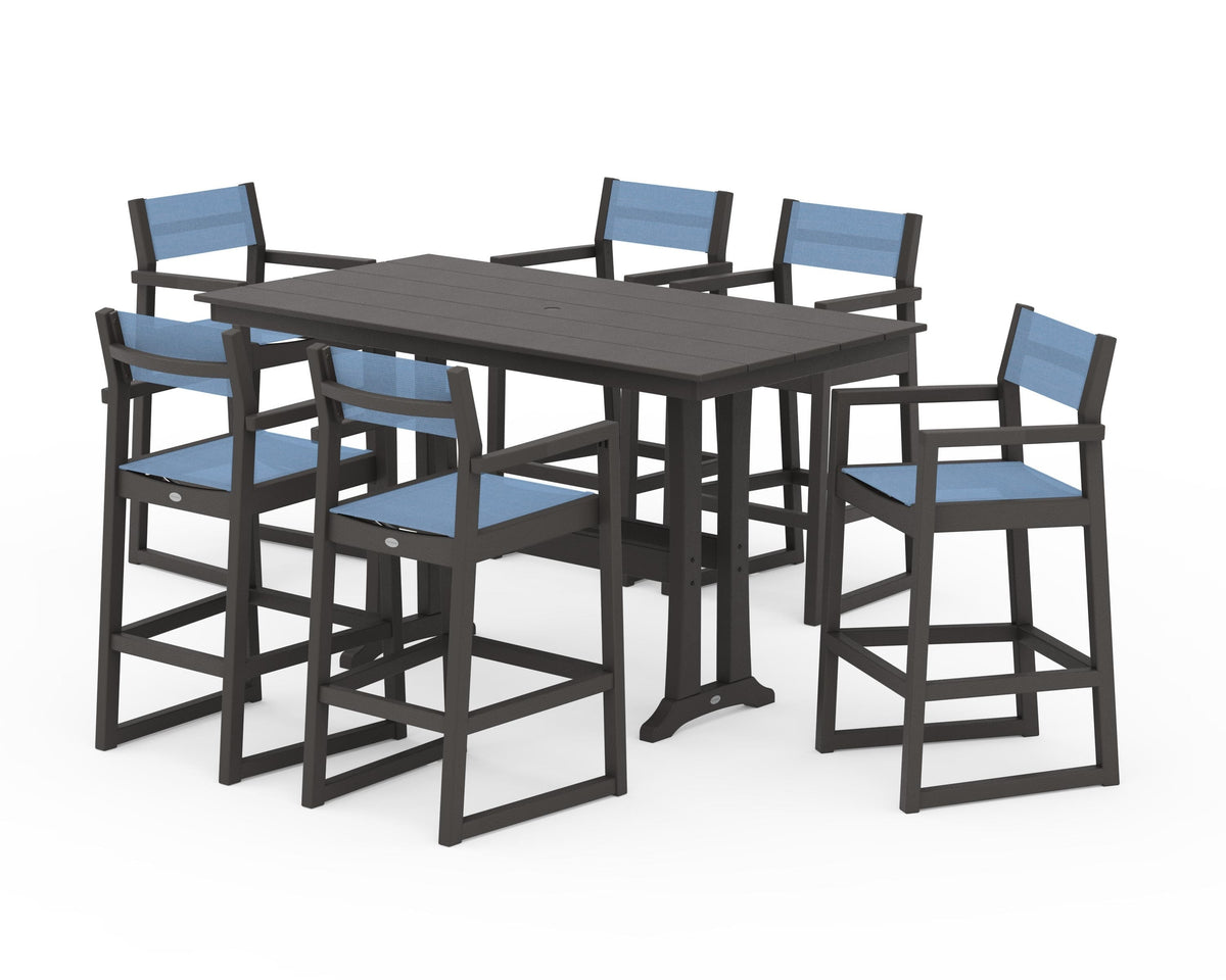 POLYWOOD EDGE Sling Arm Chair 7-Piece Farmhouse Bar Set with Trestle Legs in Vintage Coffee / Poolside
