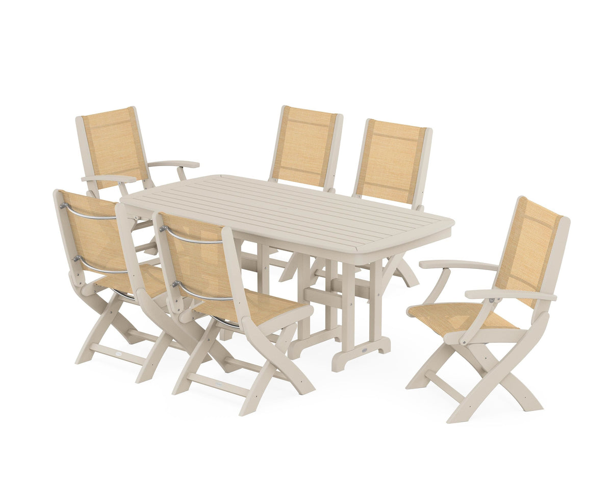POLYWOOD Coastal Folding Chair 7-Piece Dining Set in Sand / Dupioni Apricot