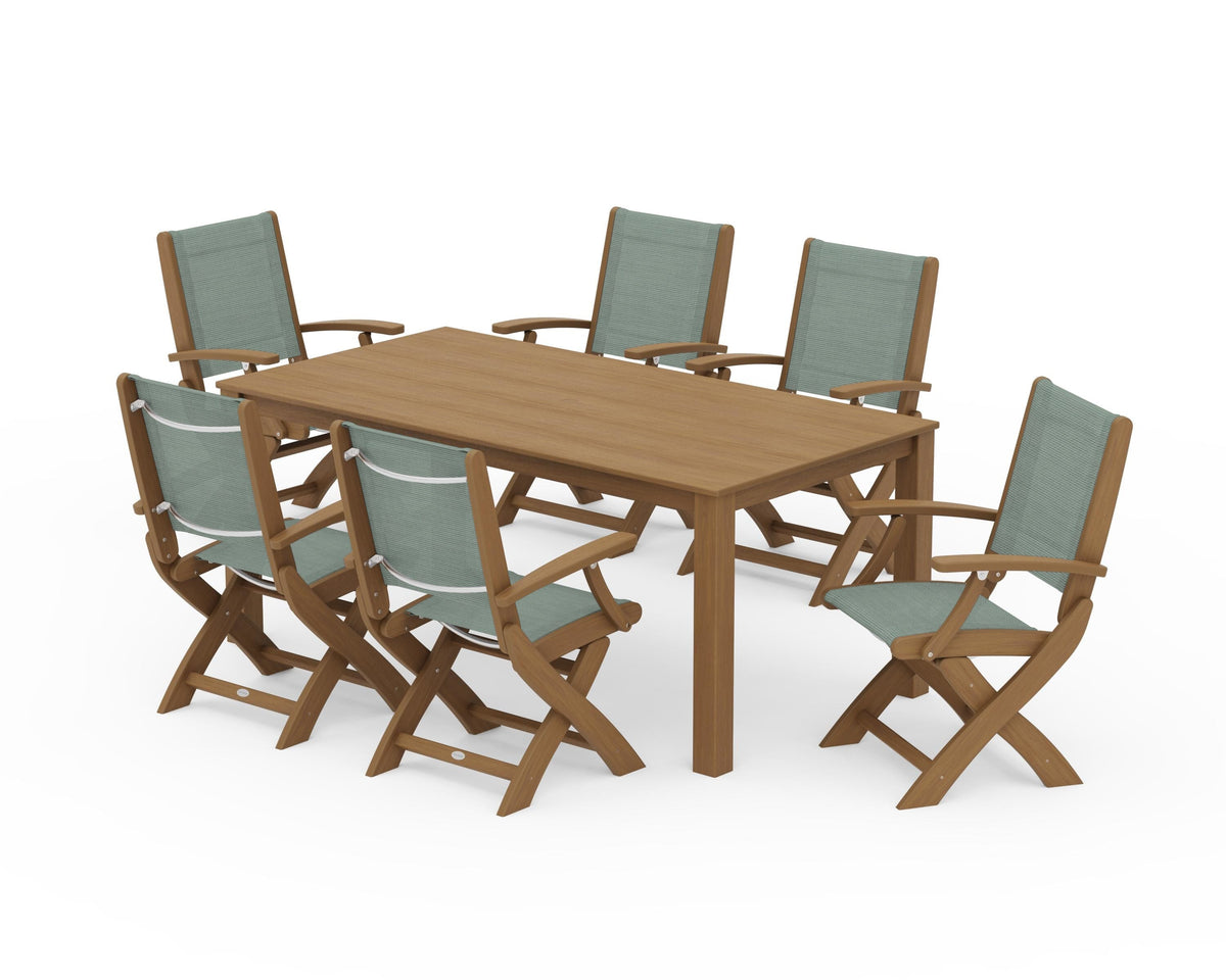 POLYWOOD Coastal Folding Chair 7-Piece Parsons Dining Set in Natural / Dupioni Sea Mist