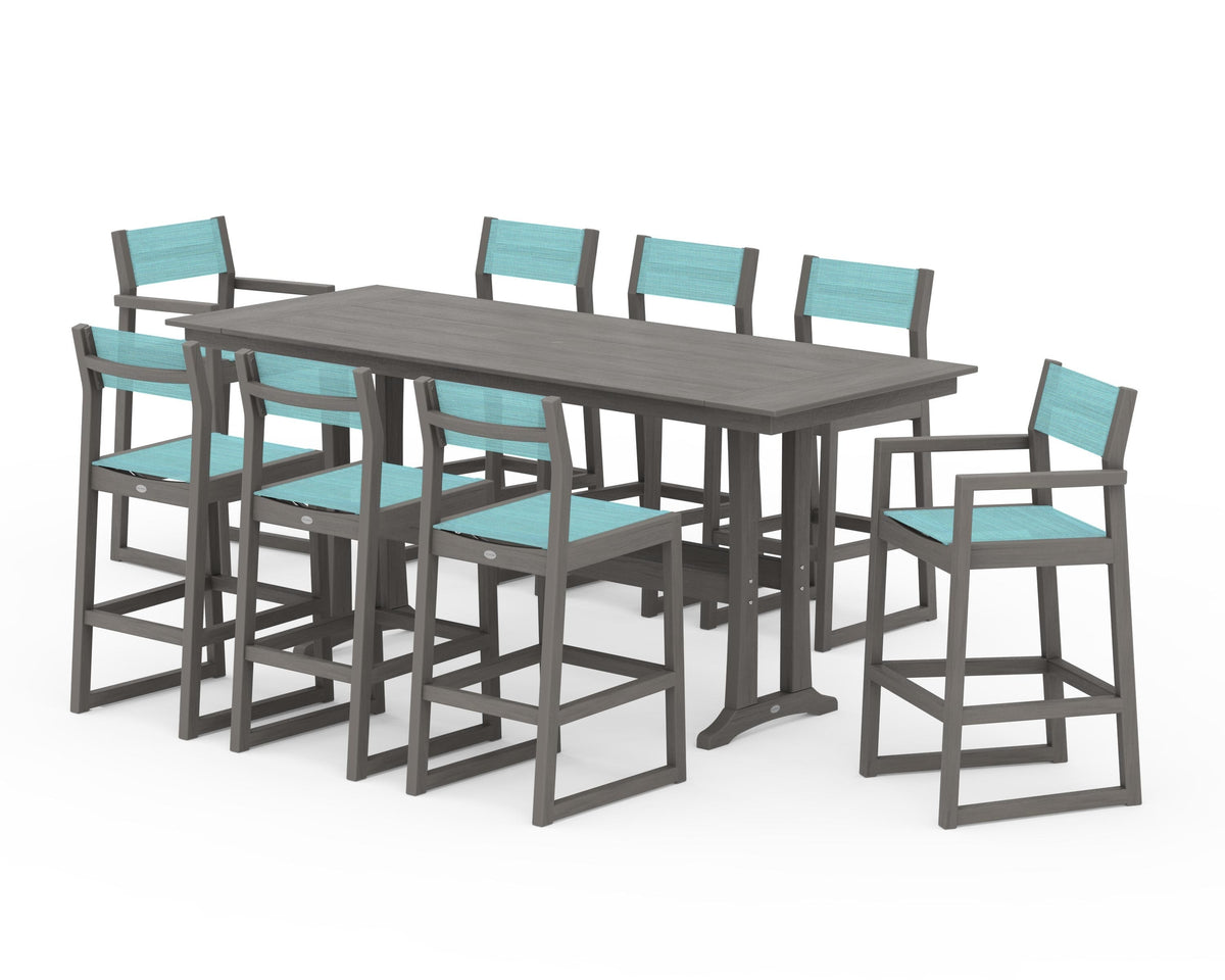 POLYWOOD EDGE Sling 9-Piece Farmhouse Bar Set with Trestle Legs in Driftwood / Dupioni Aquamarine