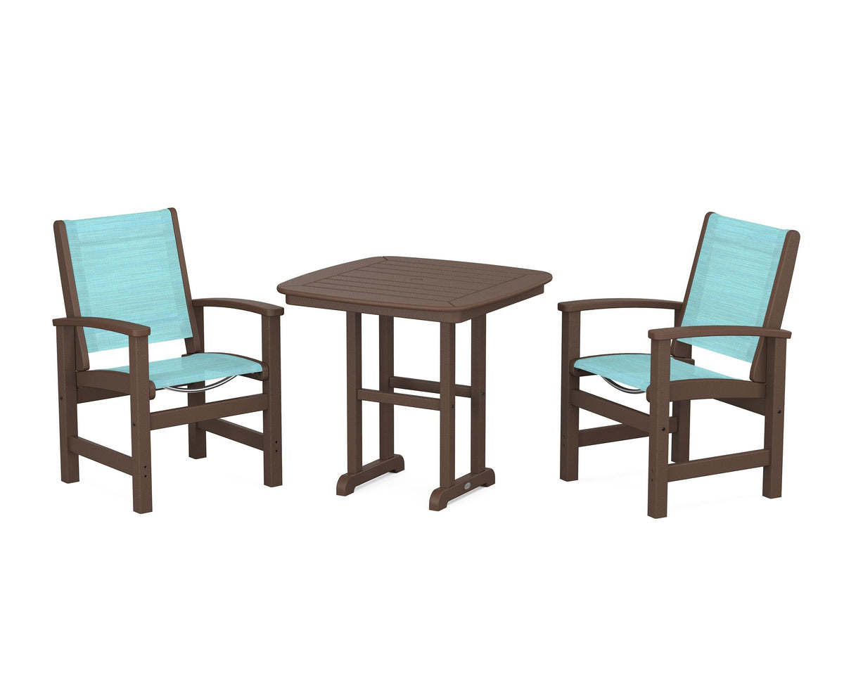 POLYWOOD Coastal 3-Piece Dining Set in Mahogany / Dupioni Aquamarine