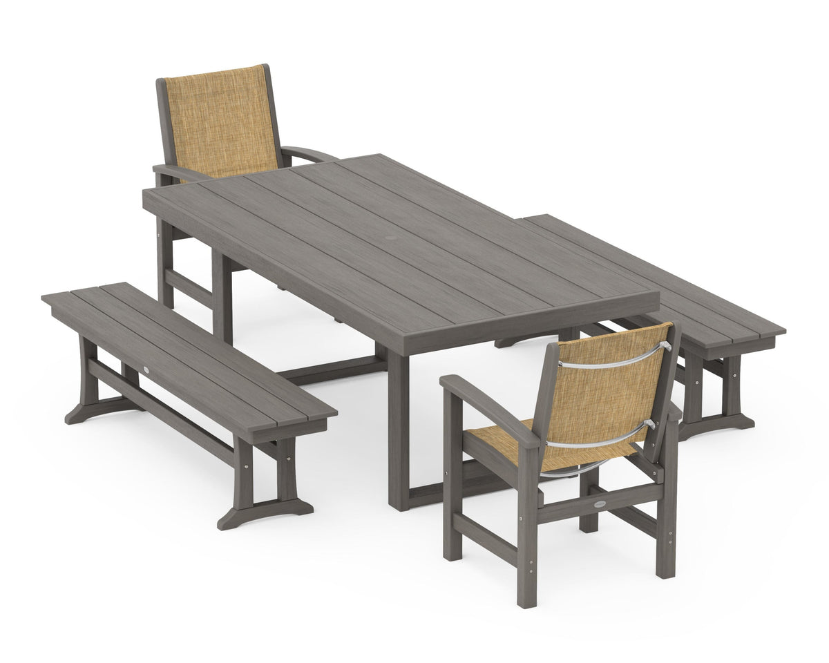 POLYWOOD Coastal 5-Piece Dining Set with Trestle Legs with EDGE 40" x 78" Dining Table in Driftwood / Burlap