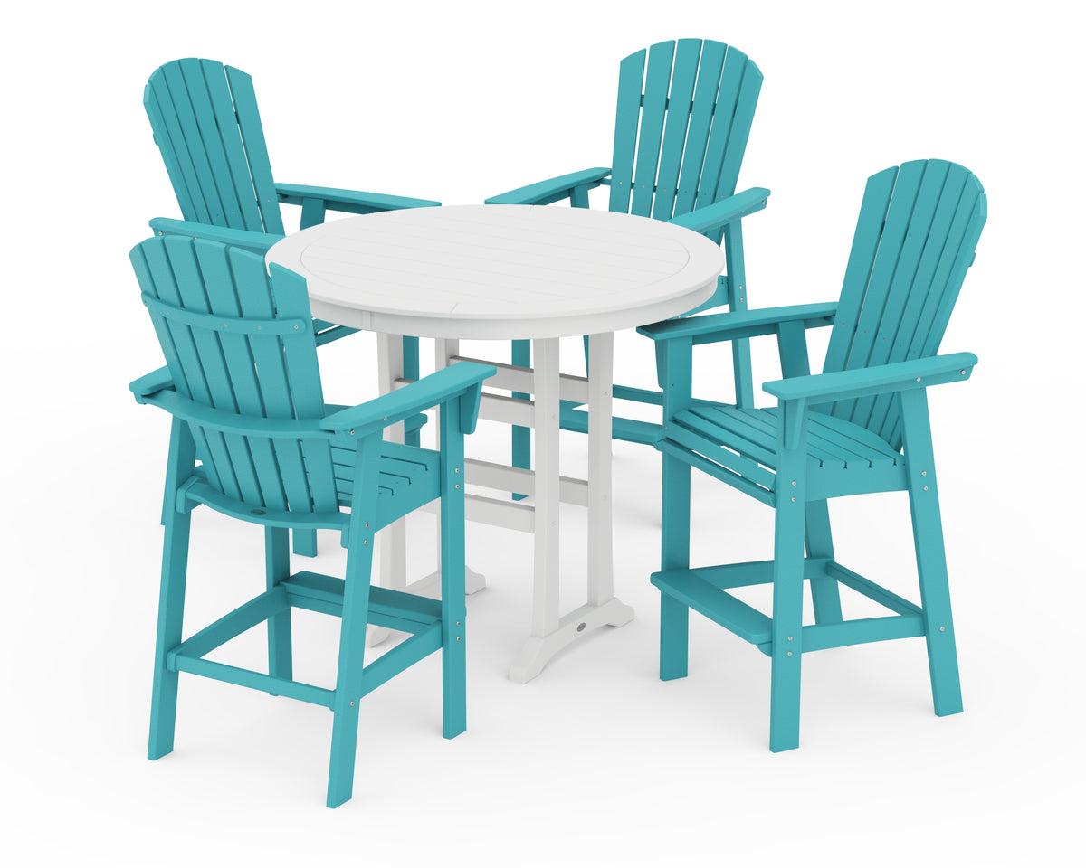 POLYWOOD Nautical Curveback Adirondack 5-Piece Round Trestle Bar Set in Aruba / White