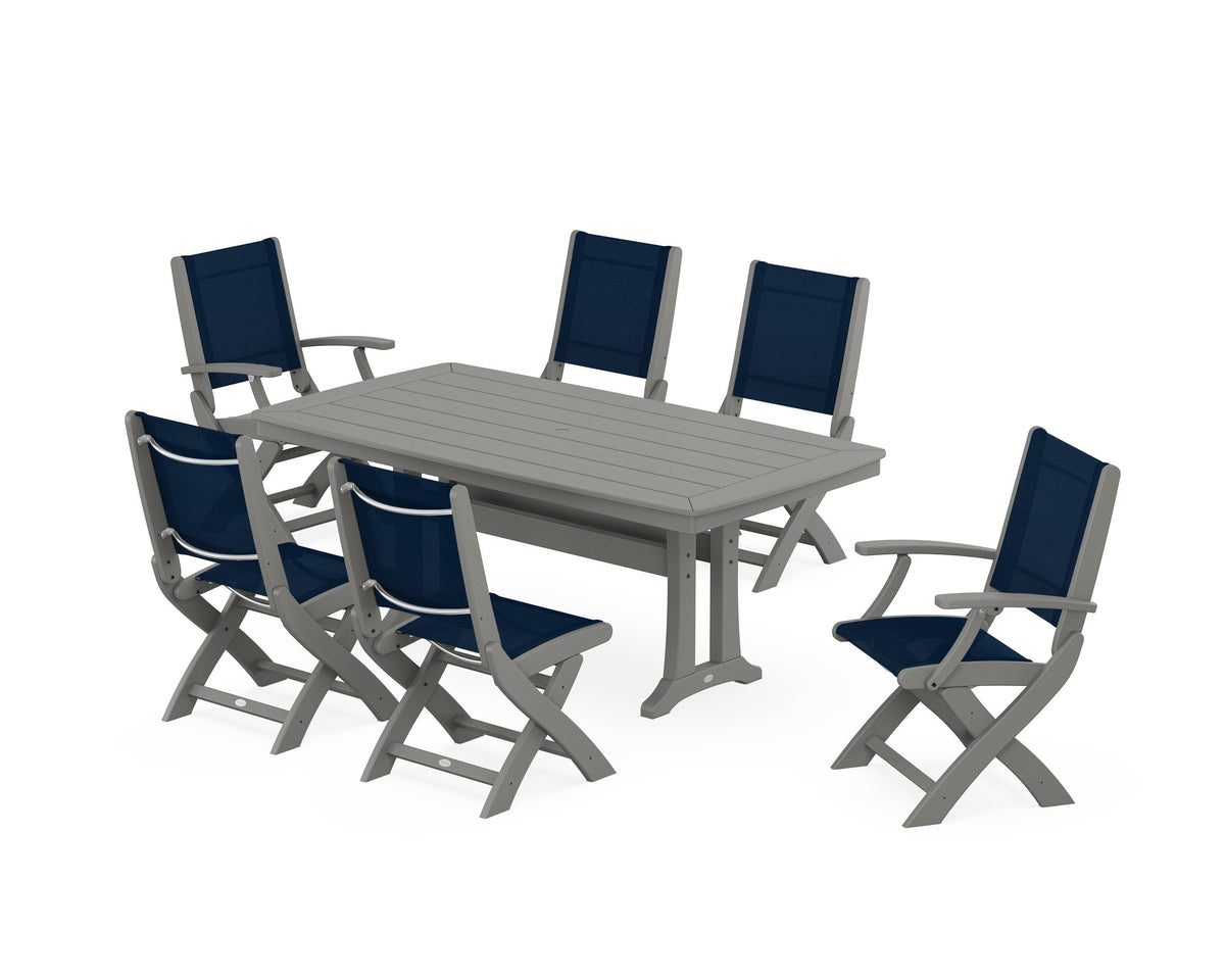POLYWOOD Coastal Folding Chair 7-Piece Dining Set with Trestle Legs with Nautical Trestle 38" x 73" Dining Table in Slate Grey / Navy Blue